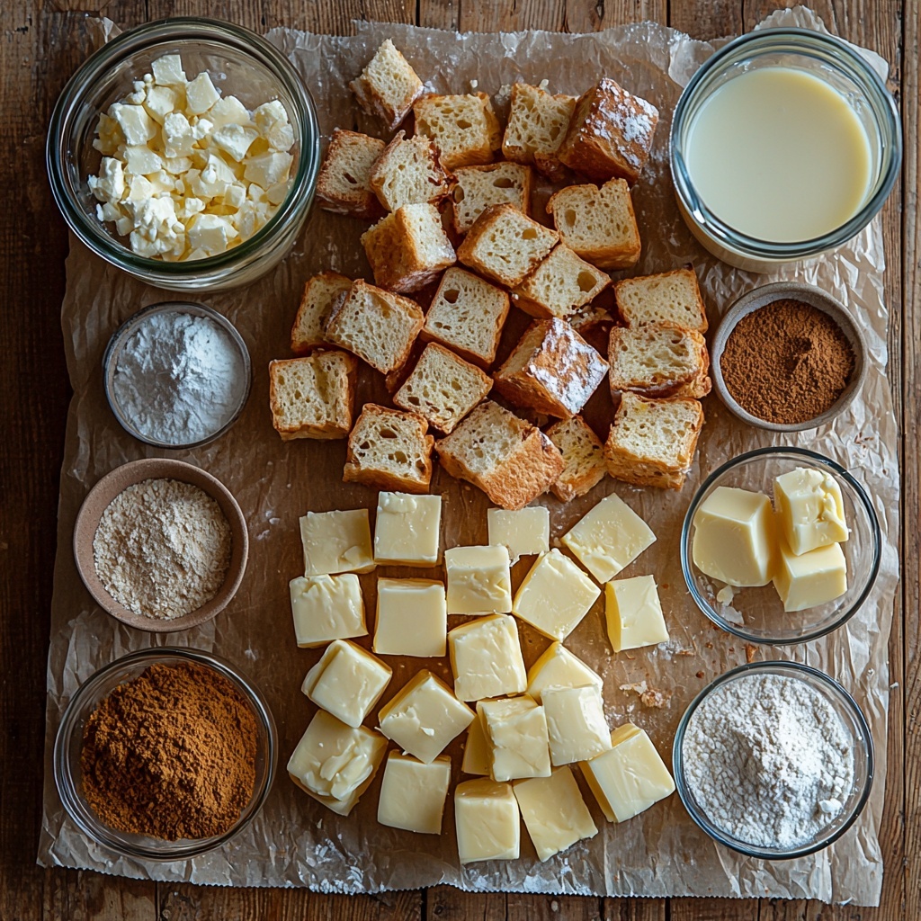 A clean, light wooden surface with all the main ingredients for French Toast Bake Casserole carefully arranged in an organized flat lay: a rustic loaf of French bread cut into even 2 cm cubes piled loosely, a bowl of large brown eggs with smooth shells, a clear glass measuring cup filled with creamy whole milk, a smaller glass jug holding thick heavy cream, small bowls containing golden brown sugar and white granulated sugar with distinct textures, a small dish of amber vanilla extract, a heap of warm cinnamon powder with its rich reddish-brown color beside a pinch of finely ground nutmeg in a tiny white bowl, a neat pile of pale beige plain flour, a small pinch of fine salt, and cold, cubed unsalted butter with a creamy yellow hue scattered on parchment paper. Each ingredient is spaced neatly to highlight its unique texture and color contrast, with natural soft daylight enhancing shadows and details. Minimalist styling, natural linen cloth partially visible, neutral background to emphasize the warm tones of the ingredients, subtle reflections on glass containers. overhead shot, top down view, flat lay photography, professional food styling --ar 1:1 --q 2 --s 750 --v 6.1