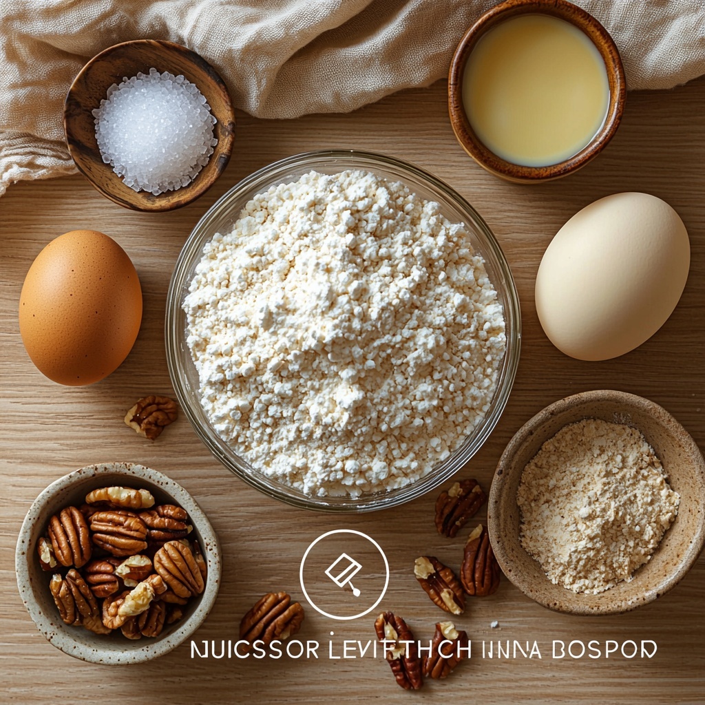 A clean, light wooden surface with the main ingredients for sticky buns arranged neatly in a flat lay style. Center a large glass bowl filled with all-purpose flour dusted lightly around its edges, surrounded by smaller bowls and elements: a small bowl of packed light brown sugar with rich amber crystals sparkling, a small dish of instant yeast with fine granules, a small ramekin of kosher salt with white crystals, and a pile of coarsely chopped toasted pecans showing deep brown textures and natural ridges. To the side, three large fresh eggs with smooth, warm brown shells are arranged in a loose cluster on crumpled parchment paper. Place a small jug of creamy buttermilk with soft white liquid and a small bowl with melted unsalted butter glowing golden and slightly glossy. Nearby, a tiny bowl holds a cinnamon and nutmeg spice blend with warm earthy tones of reddish-brown and beige powders slightly scattered artistically on the surface. The scene is styled with natural, soft window light enhancing the warm colors, subtle shadows adding depth, minimal props, and a hint of rustic charm from a linen napkin folded casually on one edge. The textures focus on contrasts between smooth eggshells, powdery spices, fluffy flour, and crunchy pecans, arranged with balance and inviting composition. Overhead shot, top down view, flat lay photography, professional food styling --ar 1:1 --q 2 --s 750 --v 6.1