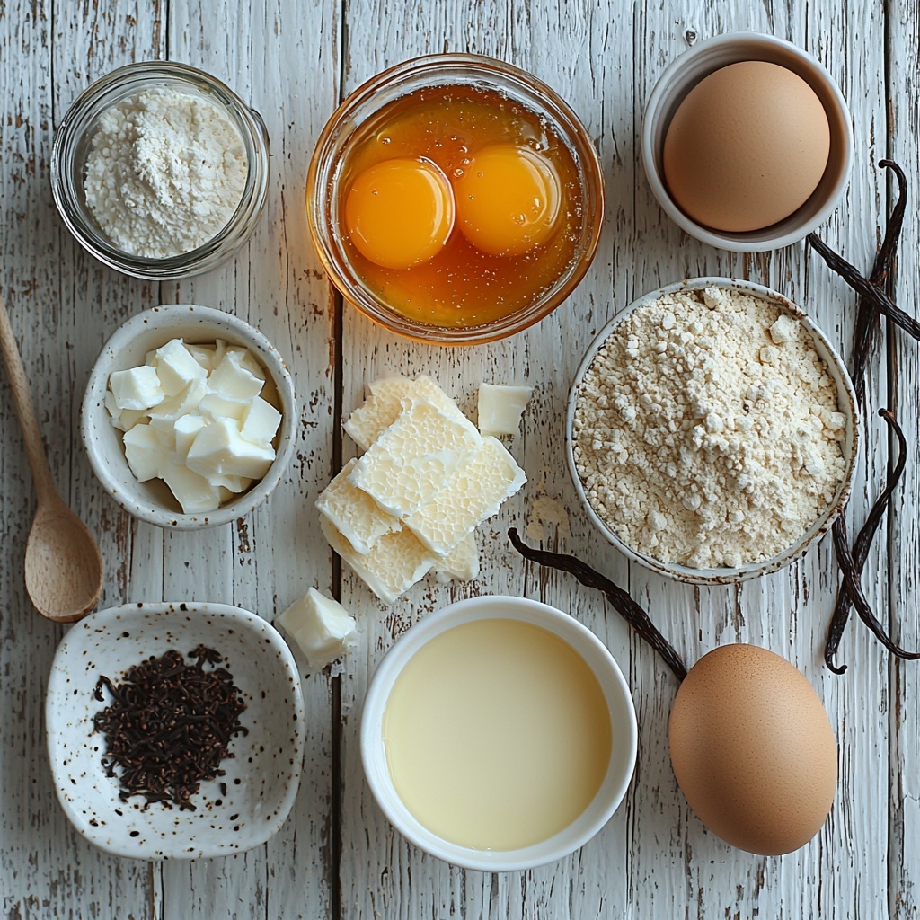 Honey, whole milk, heavy cream, dry milk powder, large egg yolks, vanilla bean paste; ingredients carefully arranged on a clean, light wooden surface with natural soft daylight highlighting their textures; a small, clear glass bowl filled with golden honey showing its thick, glossy texture; white ceramic measuring cups with whole milk and heavy cream visibly creamy and smooth; a small white bowl holding fine, powdery dry milk powder; bright orange egg yolks in a delicate glass ramekin exhibiting their rich, glossy surface; a small jar of dark speckled vanilla bean paste with a tiny spoon resting beside it; subtle shadows adding depth, minimalistic styling with gentle color contrast of warm honey, creamy whites, and vivid yolks; scattered vanilla bean seeds for detail; fresh and inviting atmosphere, neat and balanced composition, overhead shot, top down view, flat lay photography, professional food styling --ar 1:1 --q 2 --s 750 --v 6.1