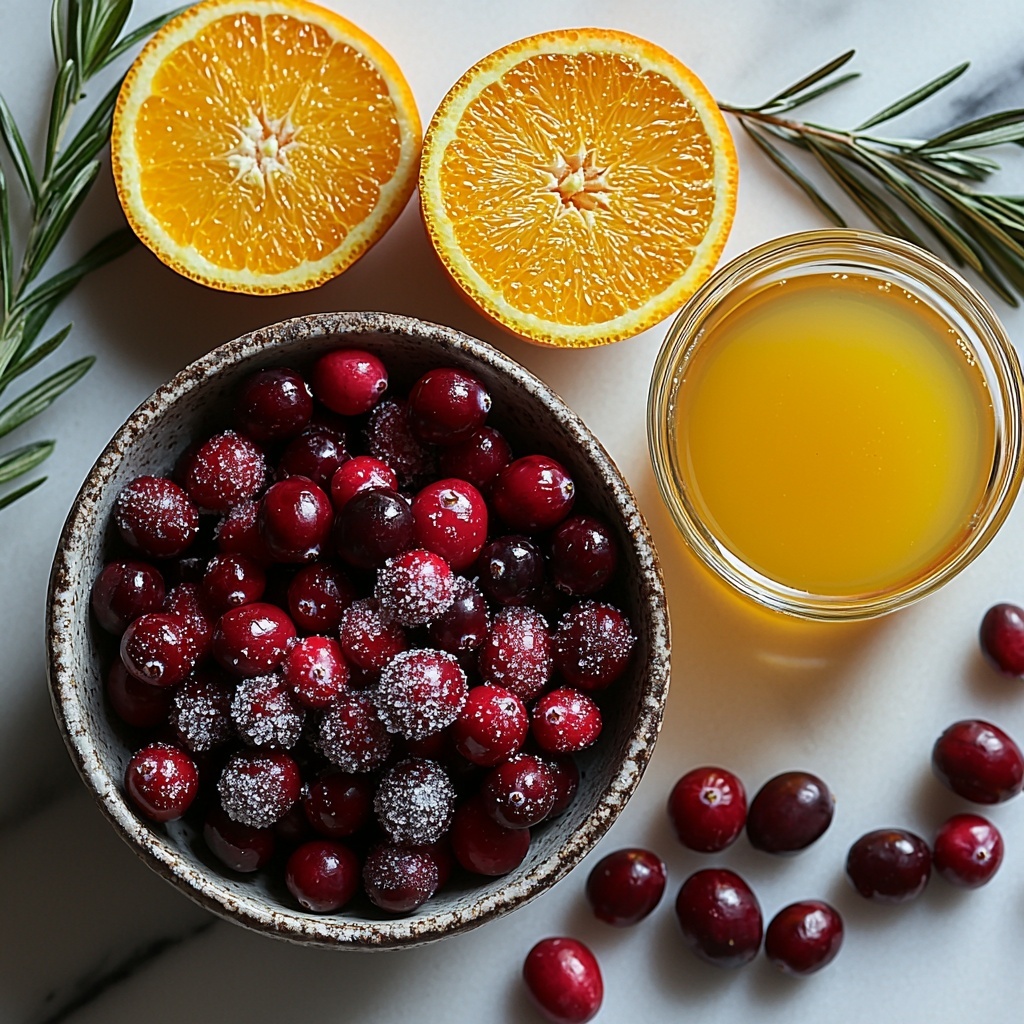 fresh cranberries in a small rustic bowl with some scattered loosely around, a medium orange sliced into vibrant chunks and peels artfully arranged beside it, a small clear glass bowl filled with sparkling white granulated sugar, a delicate glass dish holding bright orange juice, all set neatly on a clean, smooth white marble surface to enhance the rich reds and bright oranges, natural daylight illuminating the glossy textures of the cranberries and the zest of the orange peel, subtle shadows adding depth, slight condensation on the orange juice glass for freshness, minimal props to keep focus on ingredients, styled with a few sprigs of fresh greenery for contrast, overhead shot, top down view, flat lay photography, professional food styling --ar 1:1 --q 2 --s 750 --v 6.1