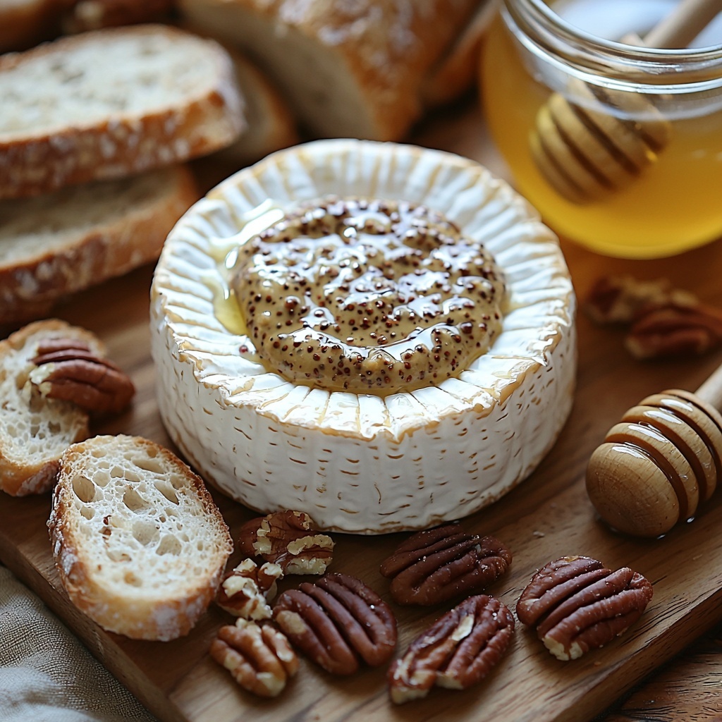 A clean, light wooden surface arranged with a round wheel of creamy brie cheese with its smooth white rind visible, a small bowl of rich, glossy praline mustard in a warm amber tone, scattered chopped pecans showing their textured, earthy brown pieces, a delicate drizzle of golden honey in a small glass jar with a wooden honey dipper resting beside it, and several slices of crusty baguette with a golden-brown crust and airy, soft interior fanned out elegantly. The ingredients are spaced evenly with soft natural lighting highlighting the contrasting textures—the creamy brie, crunchy pecans, sticky honey, and crusty bread—styled with minimal rustic props like a linen napkin and subtle shadows for depth. The colors are warm and inviting, emphasizing natural tones of white, amber, brown, and honey gold. overhead shot, top down view, flat lay photography, professional food styling --ar 1:1 --q 2 --s 750 --v 6.1