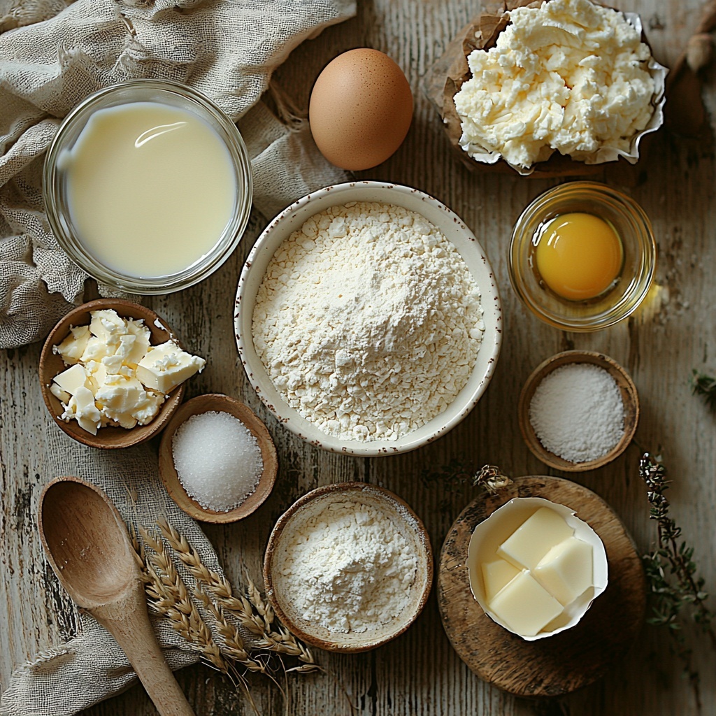 a clean, bright surface with a neat arrangement of main ingredients for homemade pancake mix: a small white bowl filled with all-purpose flour showing its soft, powdery texture; a tiny glass ramekin containing white granulated sugar; a small pile of fine, light baking powder sprinkled neatly; a pinch of salt in a delicate ceramic spoon; one large brown egg with a smooth shell; a clear glass measuring cup holding creamy, off-white milk; a small clear bowl with golden melted butter shimmering softly in the light. The ingredients are spaced evenly with subtle shadows, natural diffused daylight highlighting the textures and colors—from the white flour and sugar to the warm yellow butter and rich brown egg. Minimalist and clean styling with neutral-toned linen napkin casually placed nearby. Overhead shot, top down view, flat lay photography, professional food styling --ar 1:1 --q 2 --s 750 --v 6.1