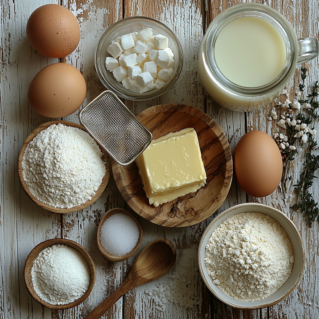 Warm water in a clear glass measuring cup with condensation, a small bowl of white granulated sugar, a packet of active dry yeast and a small mound of loose yeast granules next to it, two large brown eggs resting on a rustic wooden surface, a small jug of creamy milk with soft reflections, a tiny bowl of fine white salt, a small dish holding melted golden butter with a smooth shiny surface, a large bowl of white all-purpose flour with a light powdery texture and a gentle mound shape, a small container of clear vegetable oil with a subtle sheen, a fine mesh sieve with a dusting of powdered sugar, all ingredients carefully spaced on a clean, bright white countertop, natural soft daylight illuminating the scene creating gentle shadows, minimalist rustic styling with a few wooden spoons and a light linen napkin to add warmth and texture, overhead shot, top down view, flat lay photography, professional food styling --ar 1:1 --q 2 --s 750 --v 6.1