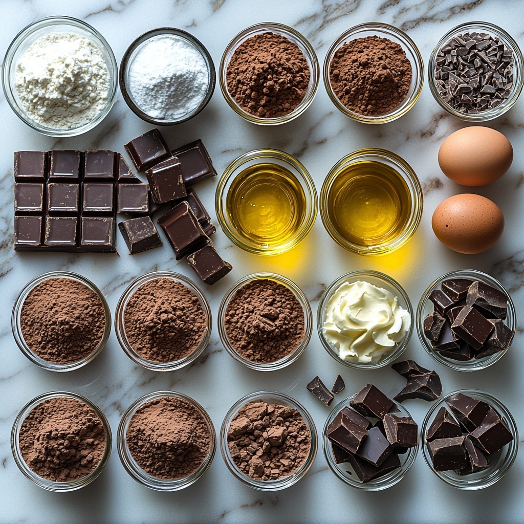 Luxurious Chocolate Truffle Cake ingredients arranged on a clean white marble surface: small glass bowls with 3/4 cup sugar and 2 tbsp sugar sparkling under soft light; a clear measuring cup filled with golden sunflower oil; two large brown eggs placed side by side; a small glass bowl with dark unsweetened cocoa powder showing its fine, velvety texture; a neat pile of King Arthur all-purpose flour with a vintage sifter nearby; tiny bowls with coarse salt, baking soda, and baking powder; a steaming cup of hot water in a simple white mug; creamy sour cream dolloped in a small bowl with a silver spoon resting beside it; dark chocolate chunks roughly chopped, piled on a wooden board displaying rich, glossy surfaces; multiple small glass containers holding heavy whipping cream in varying amounts, some with a light frothy top; a spoonful of shiny corn syrup dripping slightly; a small bowl of semi-sweet dark chocolate chunks; and a dusting of cocoa powder artfully arranged in a thin line. The ingredients are spaced evenly with natural light casting gentle shadows, complemented by minimal rustic props like a linen napkin and simple silver measuring spoons to evoke warmth and luxury. Colors range from deep browns to creamy whites with subtle reflections on glass and chocolate surfaces, emphasizing texture and richness. Overhead shot, top down view, flat lay photography, professional food styling --ar 1:1 --q 2 --s 750 --v 6.1