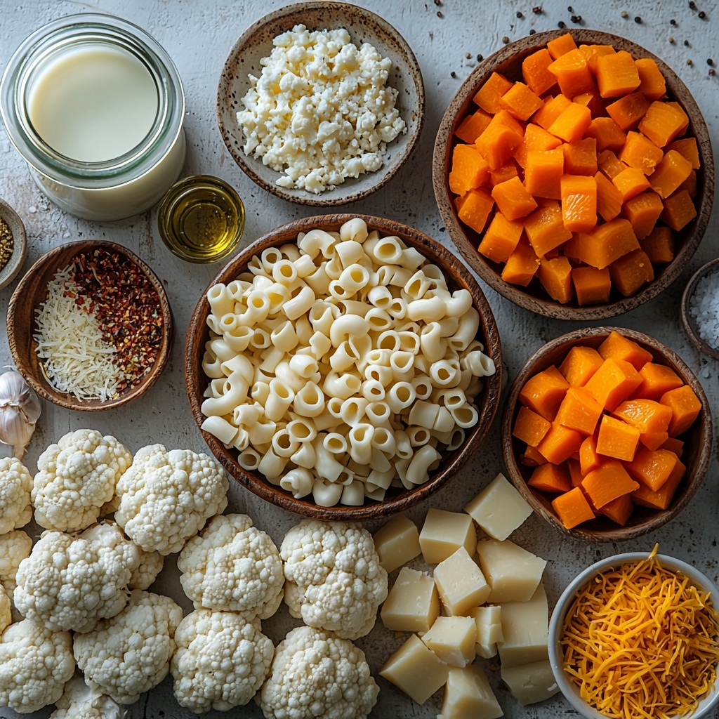 flat lay of main ingredients for hidden veggie mac and cheese arranged neatly on a clean white surface: dry uncooked elbow macaroni piled in a small rustic ceramic bowl, fresh cauliflower florets clustered beside it, vibrant chopped orange carrots in a neat mound, bright cubed butternut squash with smooth skin pieces, a small glass jug of creamy milk, a small wooden bowl of shredded sharp cheddar cheese with rich golden color, a smaller dish of finely grated Parmesan cheese, scattered dried garlic powder and paprika powders on tiny ceramic spoons, a small glass dish with golden olive oil, coarse salt and pepper in miniature white ramekins, natural soft lighting highlighting the varied textures from smooth squash to fluffy cheese shreds, slight shadows for depth, minimalist styling with a touch of warmth and inviting fresh colors, clean and balanced composition emphasizing freshness and wholesome ingredients, overhead shot, top down view, flat lay photography, professional food styling --ar 1:1 --q 2 --s 750 --v 6.1