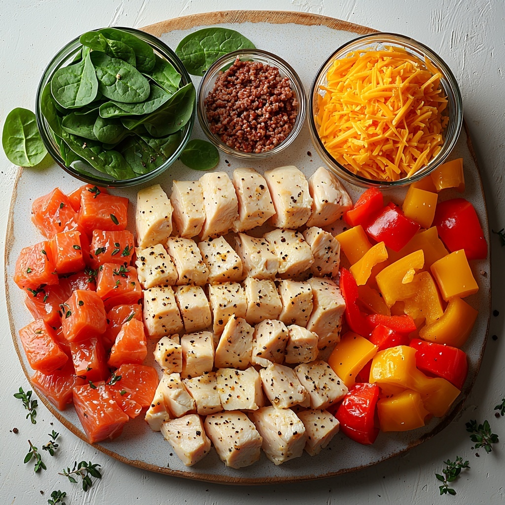 boneless skinless chicken breasts arranged raw and sliced on a clean white ceramic plate, fresh vibrant green spinach leaves loosely piled beside it, a smooth block of cream cheese on a small wooden board, sharp shredded cheddar cheese in a neat heap on crinkled parchment paper, small glass bowls containing garlic powder, onion powder, salt, and pepper with fine textures visible, sprigs of fresh parsley and thyme delicately placed nearby, colorful diced red and yellow bell peppers in a tiny bowl, sliced brown mushrooms fanned out on a light slate board, cooked ground turkey or beef displayed in a rustic metal bowl, all ingredients spaced evenly on a clean pale wood surface with soft natural lighting emphasizing the varied textures and rich colors, minimalistic styling with subtle shadows, garnished with a few scattered fresh herb leaves for freshness and contrast, overhead shot, top down view, flat lay photography, professional food styling --ar 1:1 --q 2 --s 750 --v 6.1