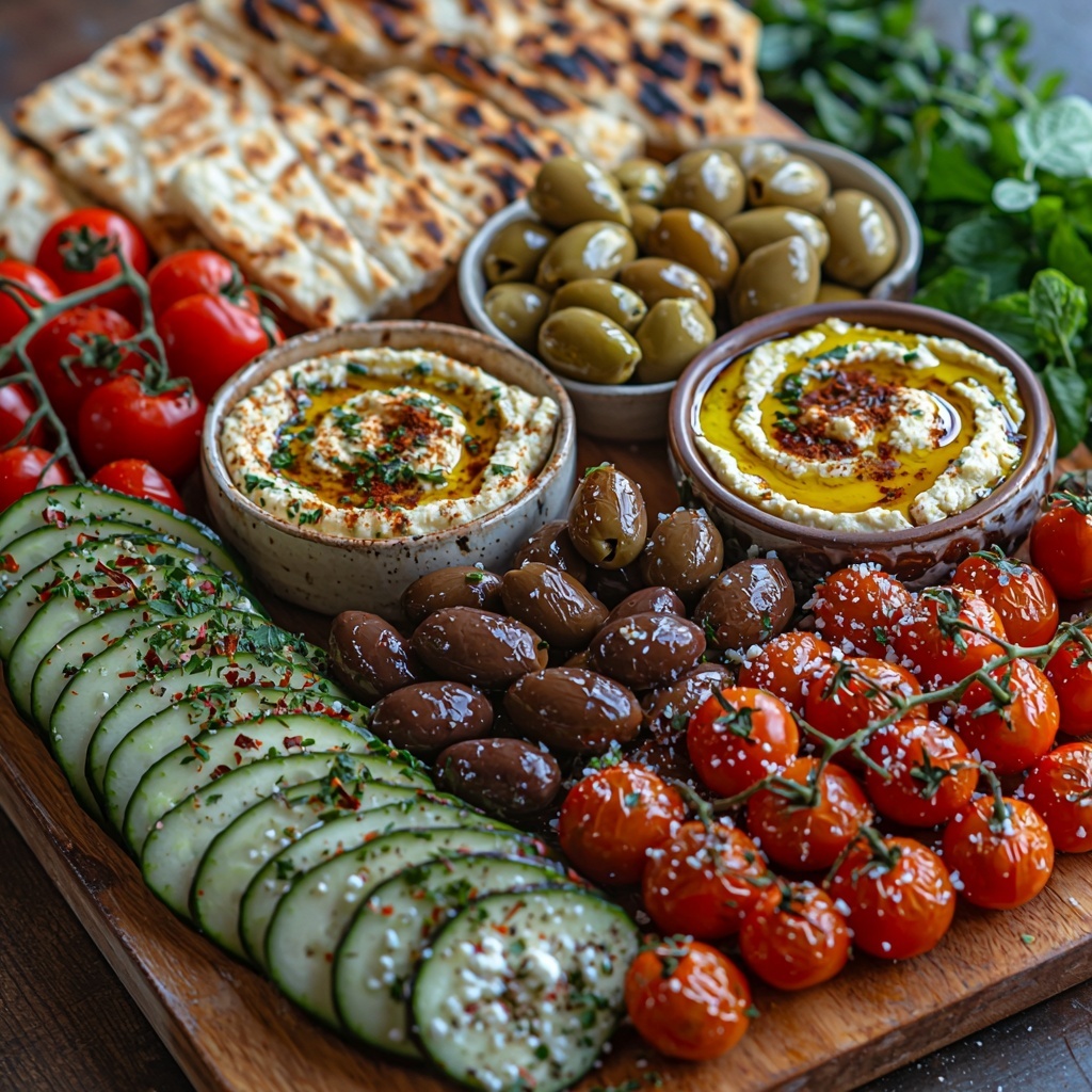 A vibrant Mediterranean grazing board arranged on a clean, light wooden surface featuring: two whole roasted eggplants with deep purple, slightly wrinkled skins; a small bowl of creamy beige eggplant dip drizzled with golden olive oil; a smooth beige bowl of hummus; bright red cherry tomatoes glistening with freshness; crisp, pale green cucumber slices neatly stacked; a small bowl of mixed olives in dark green and black hues with glossy textures; crumbled white feta cheese scattered artfully; wedges of warm golden pita bread with a soft, pillowy texture; fresh green parsley and mint leaves for garnish adding bursts of color and freshness. The ingredients are spaced evenly with a balanced, inviting composition that highlights the vivid colors and varied textures. Natural soft daylight enhances the freshness and warmth, with subtle shadows adding depth. Overhead shot, top down view, flat lay photography, professional food styling --ar 1:1 --q 2 --s 750 --v 6.1