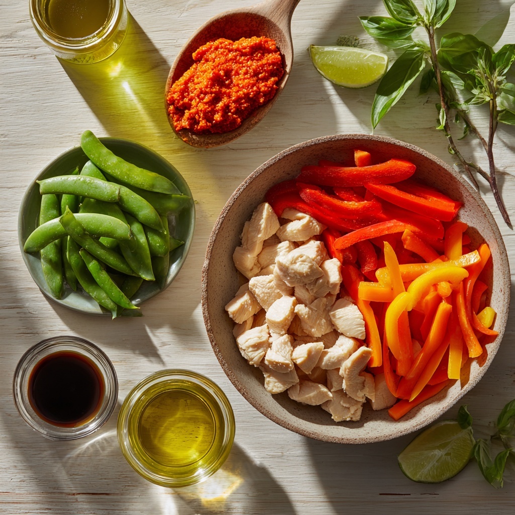 boneless skinless chicken breasts cut into bite-sized pieces arranged in a small rustic bowl, vibrant red Thai red curry paste in a ceramic spoon, a can of creamy full-fat coconut milk opened to show rich white liquid, colorful sliced bell peppers with shades of red, yellow, and green spread out neatly, bright orange carrot slices fanned in a small heap, fresh crisp snap peas grouped together showcasing their smooth green pods, a handful of fresh green basil leaves artfully scattered for contrast, small glass bowls containing low-sodium soy sauce and bright green lime juice, a small dish with golden vegetable oil glistening, all laid out on a clean light wooden surface with natural soft lighting, subtle shadows adding depth, minimal props focusing on the vivid colors and fresh textures of the ingredients, overhead shot, top down view, flat lay photography, professional food styling --ar 1:1 --q 2 --s 750 --v 6.1