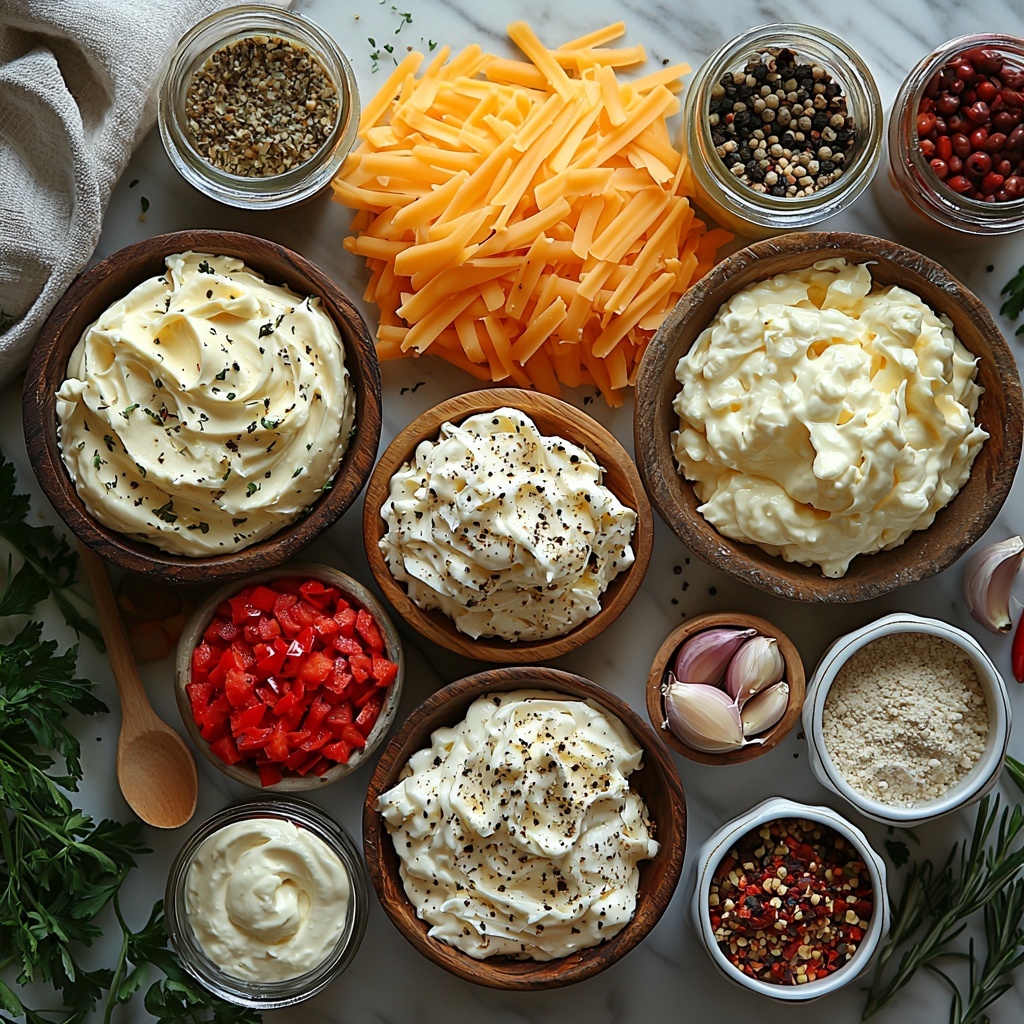 sharp grated cheddar cheese in a small rustic bowl, block of softened cream cheese on a wooden cutting board with a spreading knife, creamy mayonnaise in a clear glass bowl softly reflecting light, bright red diced pimentos in a small white ceramic dish, a small jar of Dijon mustard with a spoon beside it, scattered garlic powder, onion powder, cayenne pepper, salt and black pepper in miniature white ramekins arranged neatly, all ingredients placed on a clean light marble surface, natural daylight illuminating the scene highlighting the vibrant colors and varied textures, minimal shadows, cozy and inviting atmosphere, subtle props like a linen napkin and wooden spoon for warmth, overhead shot, top down view, flat lay photography, professional food styling --ar 1:1 --q 2 --s 750 --v 6.1