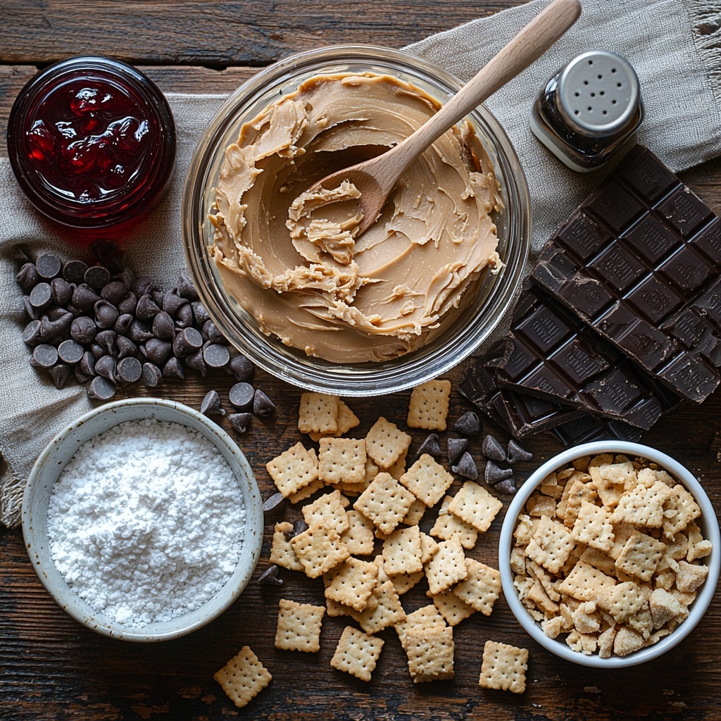peanut butter in a small glass bowl, creamy and smooth texture, light tan color; semi-sweet dark chocolate chips scattered neatly in a small white ceramic bowl, glossy and rich dark brown; powdered sugar in a delicate wooden spoon, fine and snowy white; golden graham cracker crumbs in a clear small dish, crumbly texture with warm honey tones; a small glass jar of vibrant red strawberry jelly with a shiny, gel-like surface, a silver spoon resting inside; a small bottle of vanilla extract with amber liquid visible; a pinch of coarse salt crystals sprinkled lightly on a dark wooden surface; all ingredients carefully arranged with natural soft daylight on a clean, light wood tabletop; rustic linen napkin partially folded on one side, subtle shadows emphasizing texture; minimalistic and warm aesthetic with neutral tones to complement the vibrant jelly and rich chocolate -- overhead shot, top down view, flat lay photography, professional food styling --ar 1:1 --q 2 --s 750 --v 6.1