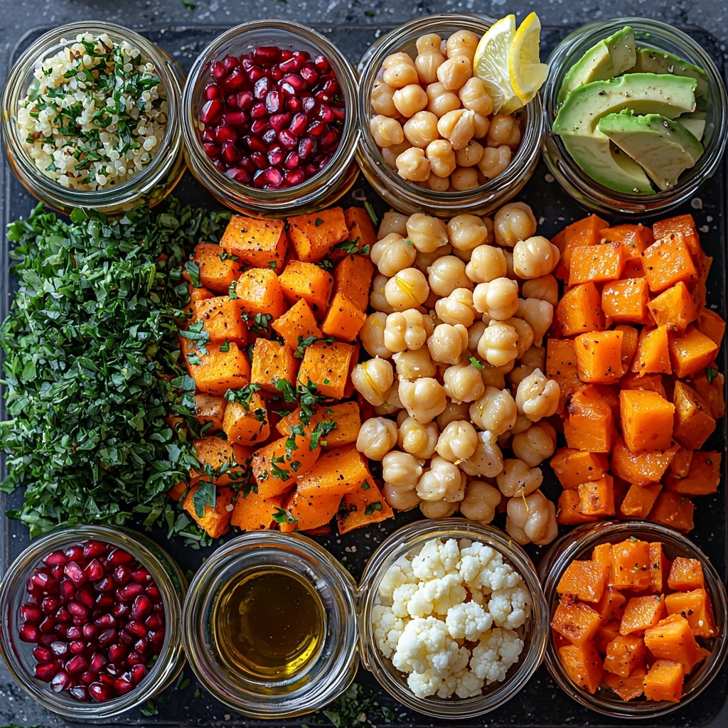 Golden roasted cauliflower florets, cubed sweet potatoes with vibrant orange hues, sliced bright orange carrots, light beige cooked chickpeas, small glass bowls of olive oil and smooth creamy tahini, fresh chopped green parsley, lemon wedges, a small jar of golden maple syrup, rustic bowl of cooked fluffy quinoa grains, colorful optional toppings including ruby red pomegranate seeds, green pumpkin seeds, and sliced avocado with creamy pale green flesh, all neatly arranged on a clean white surface. The vegetables and chickpeas are grouped by type with visible textures of roasted crisp edges and smooth chickpeas; fresh parsley sprinkled loosely around; tahini sauce ingredients displayed with natural light highlighting the glossy, creamy textures, lemon juice glistening, and vibrant, harmonious color contrast between warm roasted tones and fresh greens. Minimal shadows, high detail, natural light, soft diffused lighting, clean modern aesthetic, overhead shot, top down view, flat lay photography, professional food styling --ar 1:1 --q 2 --s 750 --v 6.1