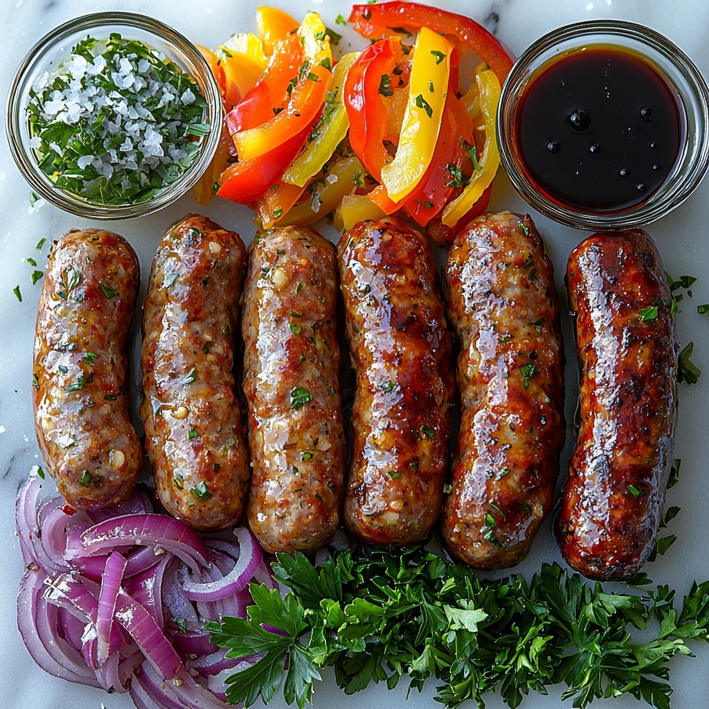 Italian sausage links sliced into thick pieces with coarse textured casing, vibrant red, yellow, and green bell pepper strips arranged in neat clusters showcasing glossy, fresh skin, large slices of deep purple-red onion with translucent layers, small glass bowls of golden olive oil and coarse Italian seasoning herbs, sprinkling of garlic powder, salt, and cracked black peppercorns scattered artfully on a clean white marble surface, a small drizzle of dark glossy balsamic vinegar pooling softly on the side, fresh chopped bright green parsley leaves delicately placed nearby for garnish, highlighting contrasting colors and natural textures, natural soft daylight with subtle shadows enhancing the freshness and rustic appeal, overhead shot, top down view, flat lay photography, professional food styling --ar 1:1 --q 2 --s 750 --v 6.1