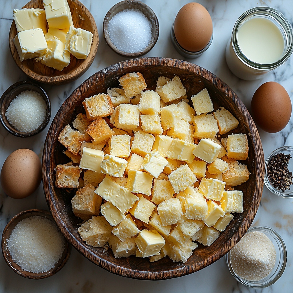stale brioche and challah bread cubes in rustic wooden bowl, whole milk in clear glass measuring cup showing creamy white color, granulated sugar and light brown sugar in small white ceramic bowls showcasing sparkling crystals and rich caramel hues, unsalted butter sliced and placed on a vintage butter dish, eggs with smooth light brown shells neatly arranged, ground cinnamon and salt in tiny glass spice jars revealing fine textures, vanilla extract in small amber bottle beside a silver teaspoon, heavy cream in a small glass pitcher with glossy surface, cornstarch in a tiny white ramekin with powdery texture, all ingredients artfully spread out on a clean white marble surface with soft natural daylight highlighting warm tones and textures, subtle shadows adding depth, minimal props for an elegant and inviting look, focus on color contrast and ingredient freshness, overhead shot, top down view, flat lay photography, professional food styling --ar 1:1 --q 2 --s 750 --v 6.1