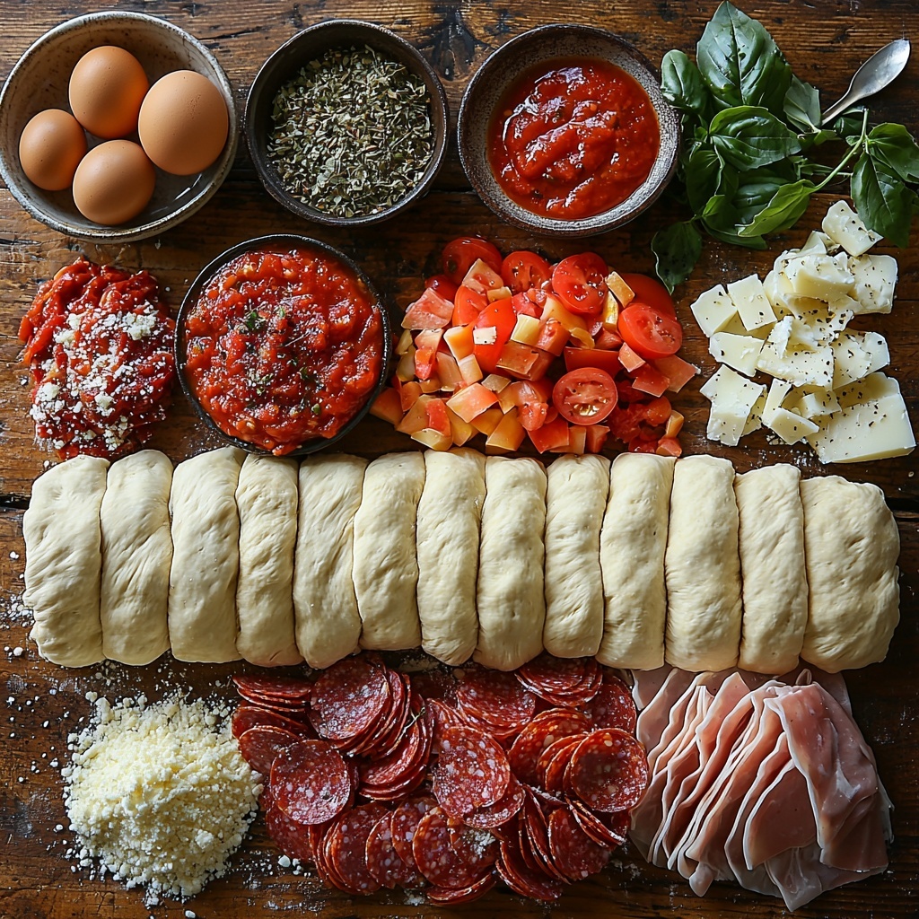 A clean, light wooden surface neatly arranged with all main ingredients for a cheesy stuffed stromboli: a smooth, pale slab of refrigerated pizza dough partially rolled out on a floured area; a small rustic bowl with bright red marinara sauce speckled with flecks of green Italian seasoning; a generous heap of soft, shredded mozzarella cheese with its creamy white strands; a neat stack of glossy, deep red pepperoni slices; thin, slightly translucent pink slices of ham folded delicately; a small mound of vibrant green diced bell pepper pieces; a small dish of shiny, jet black sliced olives; a small bowl holding a beaten egg with its rich yellow-golden hue; and a tiny bowl of finely grated parmesan cheese with a snowy white, fluffy texture. The ingredients are spaced evenly with some vintage silver spoons and a sprig of fresh basil nearby for accent. Natural soft daylight enhances the varying textures and colors, creating a warm, inviting, and appetizing scene. The composition is clean and uncluttered, highlighting each ingredient’s freshness and detail, with subtle shadows and a minimalistic aesthetic. Overhead shot, top down view, flat lay photography, professional food styling --ar 1:1 --q 2 --s 750 --v 6.1