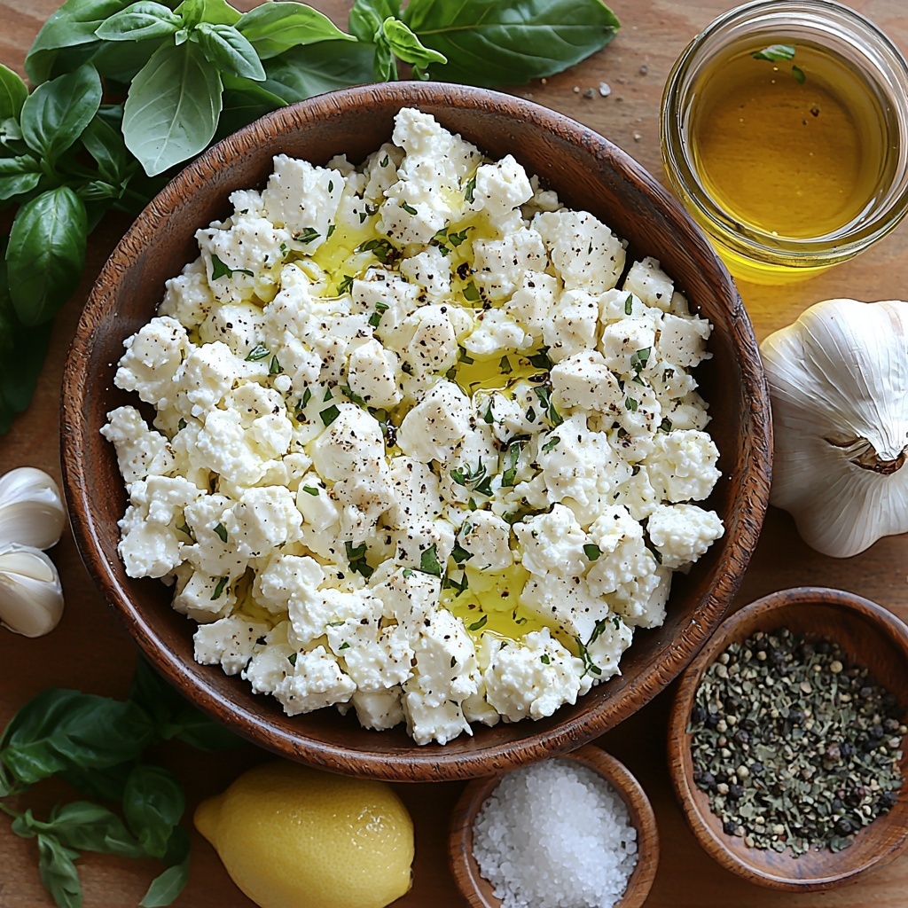 A clean, light wooden surface with a neatly arranged flat lay of Mediterranean dip ingredients: a small rustic bowl filled with crumbled white feta cheese showing crumbly, creamy texture; a clear glass jar of golden extra virgin olive oil glistening under soft natural light; a bunch of fresh vibrant green parsley and basil leaves finely chopped and scattered artfully; a small white dish containing bright yellow fresh lemon juice; a single peeled garlic clove next to a small pile of finely minced garlic; a tiny bowl with coarse dried oregano showing earthy green flakes; scattered coarse salt crystals and freshly cracked black peppercorns adding texture; all components spaced evenly with a balance of color contrast between bright greens, creamy whites, and warm yellows; subtle shadows and highlights emphasizing freshness and texture; styled with minimal props—white linen napkin folded neatly on the side, and a wooden spoon partially visible; overhead shot, top down view, flat lay photography, professional food styling --ar 1:1 --q 2 --s 750 --v 6.1
