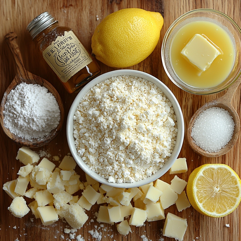 all-purpose flour in a small white ceramic bowl with some scattered flour dust on a clean light wood surface, granulated sugar in a clear glass bowl showing sparkling white crystals, baking powder and salt in small white porcelain spoons neatly placed nearby, melted unsalted butter in a small transparent glass measuring cup with golden-yellow color, a small bottle of vanilla extract with a vintage label, two large brown eggs whole and uncracked, a bright yellow lemon cut in half showing juicy pulp alongside a small pile of fresh lemon zest, a clear glass bowl filled with freshly squeezed pale yellow lemon juice, powdered sugar in a fine mesh sieve with some dust sprinkled artistically around, all ingredients arranged thoughtfully with natural soft daylight casting gentle shadows, textures emphasizing the fine flour dust, smooth eggshells, glistening sugar crystals, and moist lemon pulp, styled with a rustic linen napkin and a wooden spoon for warmth and authenticity, overhead shot, top down view, flat lay photography, professional food styling --ar 1:1 --q 2 --s 750 --v 6.1