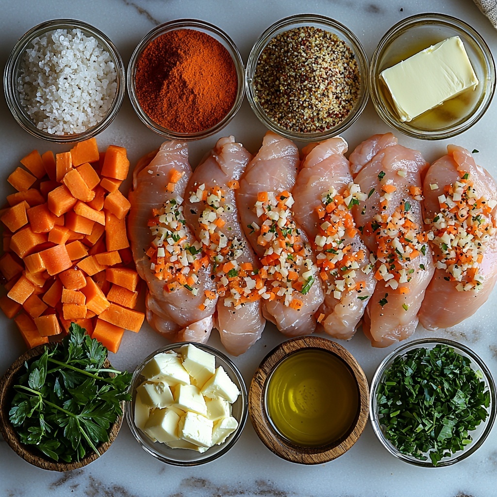 a clean white marble surface laid out with the main ingredients for stuffing stuffed chicken breast: four raw boneless chicken breasts pounded thin arranged neatly in a row, a small rustic bowl filled with golden brown breadcrumbs, a glass bowl with finely chopped bright orange carrots, another bowl with vibrant green chopped celery, a small pile of finely chopped white onion next to a bunch of fresh parsley sprigs with finely chopped parsley loosely scattered nearby, a small wooden dish holding creamy white garlic powder, coarse black peppercorns and salt crystals artfully sprinkled, a small clear glass cup of pale golden olive oil, a shallow bowl of warm light brown chicken broth, a small bowl of warm red paprika powder, and two cubes of pale yellow butter on a wooden butter knife. The textures contrast beautifully: soft chicken flesh, crisp fresh vegetables, coarse breadcrumbs, smooth powder spices, and glossy olive oil. The ingredients are arranged with natural spacing creating balance and harmony, styled with warm natural daylight casting gentle shadows, shot with crisp focus emphasizing freshness and vivid colors. Overhead shot, top down view, flat lay photography, professional food styling --ar 1:1 --q 2 --s 750 --v 6.1