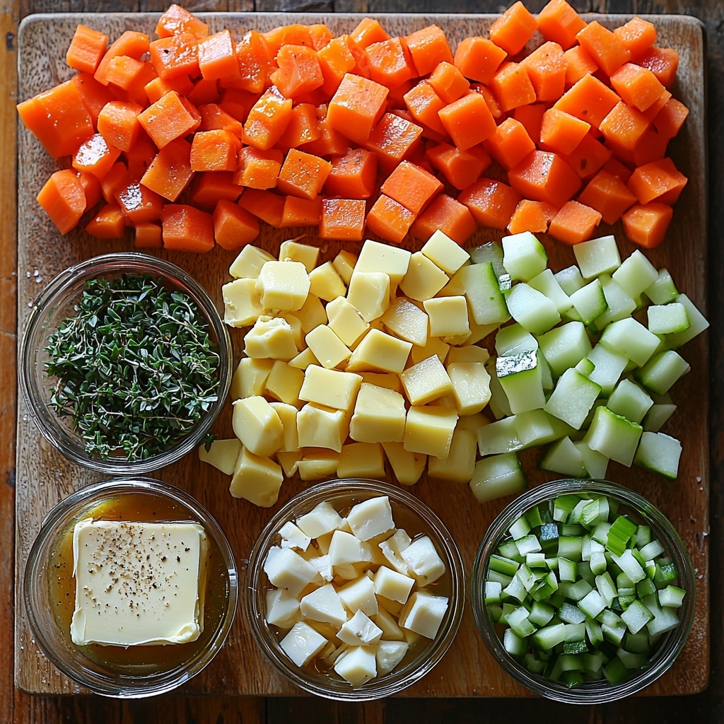 Rotisserie chicken noodle soup ingredients arranged neatly on a clean, light wooden surface: a small bowl of golden olive oil glistening, a pat of creamy unsalted butter on a white ceramic dish, finely diced bright orange carrots, vibrant green celery stalks cut into small pieces, a small pile of finely diced translucent white onion, minced garlic cloves scattered alongside, fresh green thyme sprigs and a single dried bay leaf placed artfully, coarse white kosher salt crystals sprinkled gently, a clear glass container filled with rich golden chicken broth, peeled and cubed pale yellow Yukon Gold potatoes in a rustic small bowl, a neat pile of uncooked wide egg noodles with a slightly glossy texture, shredded rotisserie chicken pieces showing tender white meat, and a small bunch of finely chopped vibrant green parsley as garnish. The ingredients are spaced evenly with natural light casting soft shadows, highlighting textures and fresh colors, styled with subtle kitchen linens and natural props to create a warm, inviting mood. Overhead shot, top down view, flat lay photography, professional food styling --ar 1:1 --q 2 --s 750 --v 6.1