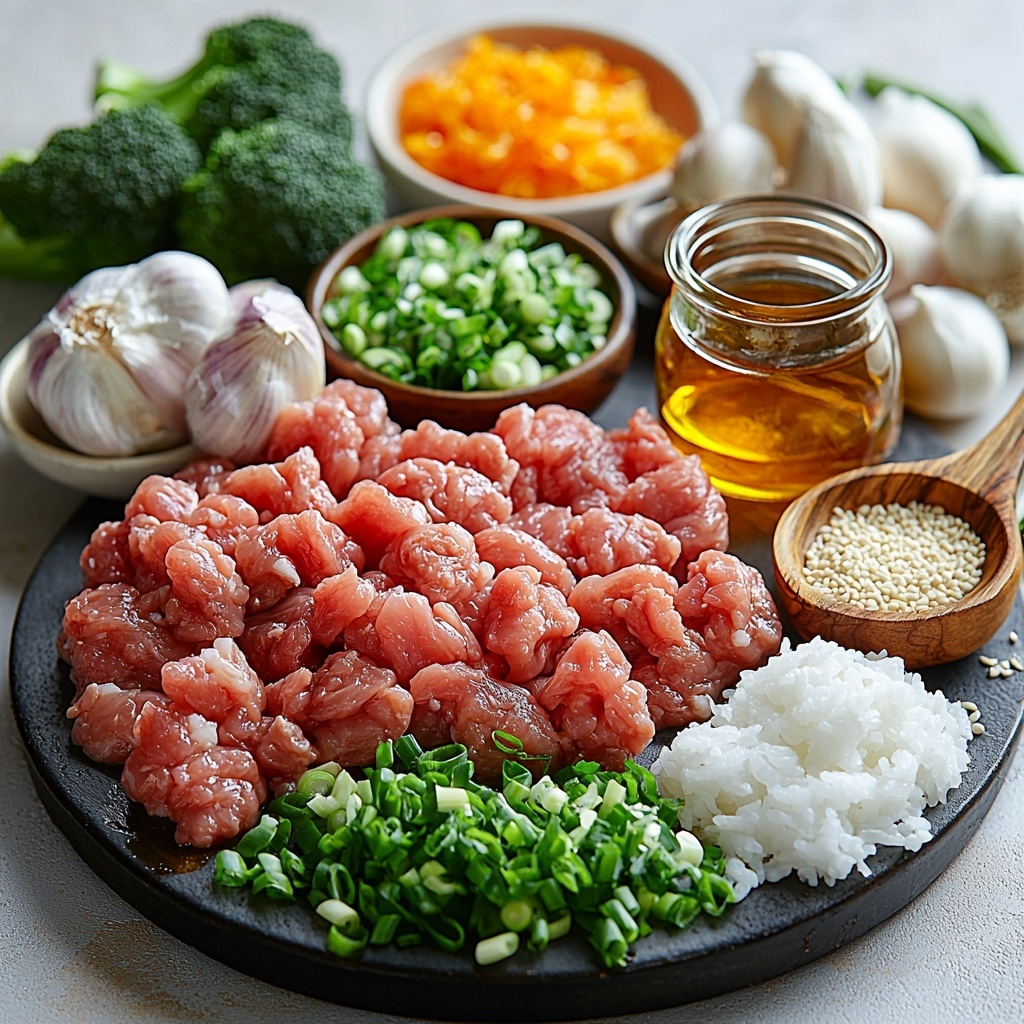 A clean white background with all main ingredients neatly arranged in a circular pattern for a flat lay photography: a small bowl filled with dark amber soy sauce, a tiny wooden dish holding golden honey, finely minced garlic cloves in a small heap with creamy white color, fresh grated pale yellow ginger root with fibrous texture, a small bowl of white cornstarch powder, a small glass container of rich golden sesame oil, a pinch of vibrant red pepper flakes on a ceramic spoon, a mound of raw pinkish-brown ground beef, diced translucent white onion pieces in a small bowl, bright green broccoli florets with natural texture, a small portion of fluffy steamed white rice on a plate, a sprinkle of toasted light brown sesame seeds on a white dish, and thinly sliced bright green scallions arranged elegantly. Soft natural lighting highlighting the textures and colors, subtle shadows for depth, minimal props like rustic wooden spoons and small white bowls for contrast and interest, the composition balanced and airy with plenty of negative space. overhead shot, top down view, flat lay photography, professional food styling --ar 1:1 --q 2 --s 750 --v 6.1