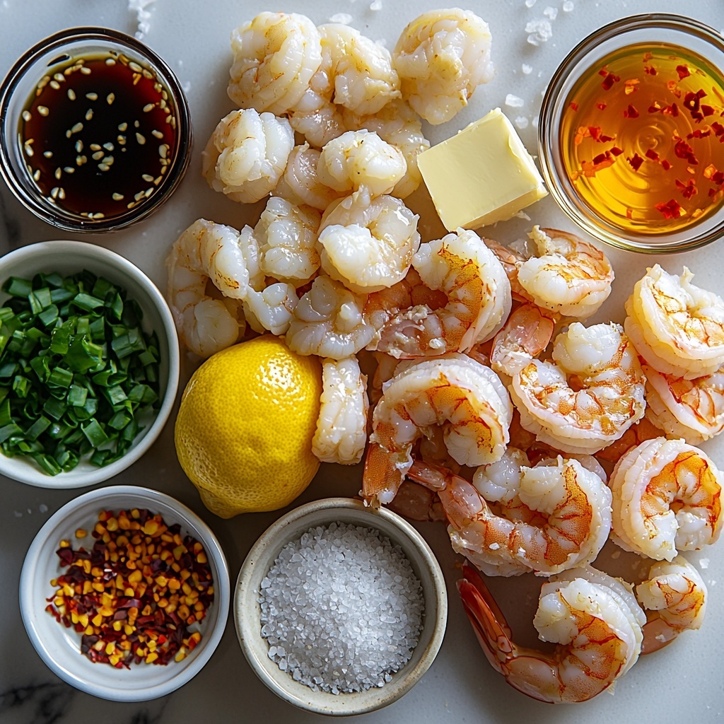 A bright and clean flat lay of the main ingredients for honey garlic shrimp arranged neatly on a crisp white surface: plump, raw large shrimp peeled and deveined with a subtle pink hue; small piles of coarse salt and freshly cracked black pepper; three garlic cloves, one whole and two minced shown in a small white bowl; a small glass bowl of golden honey glistening under soft light; a small glass bowl filled with dark amber low sodium soy sauce; a tiny bowl of translucent, pale cornstarch powder; a fresh lemon cut into wedges with bright yellow zest and juicy, glossy flesh; a small ramekin of vibrant green sliced green onions; a ramekin with deep red chili flakes for a pop of color; a small glass dish of rich, golden olive oil reflecting light; and a pat of creamy butter on a simple white dish. The ingredients are artfully spaced with natural shadows, textures highlighted—smooth shrimp shells, granular salt, sticky honey, glossy soy sauce, and fresh citrus peel—with minimal props and no clutter. The overall composition is bright, fresh, and inviting with soft natural light, subtle shadows, and a balanced harmony of color and texture. Overhead shot, top down view, flat lay photography, professional food styling --ar 1:1 --q 2 --s 750 --v 6.1