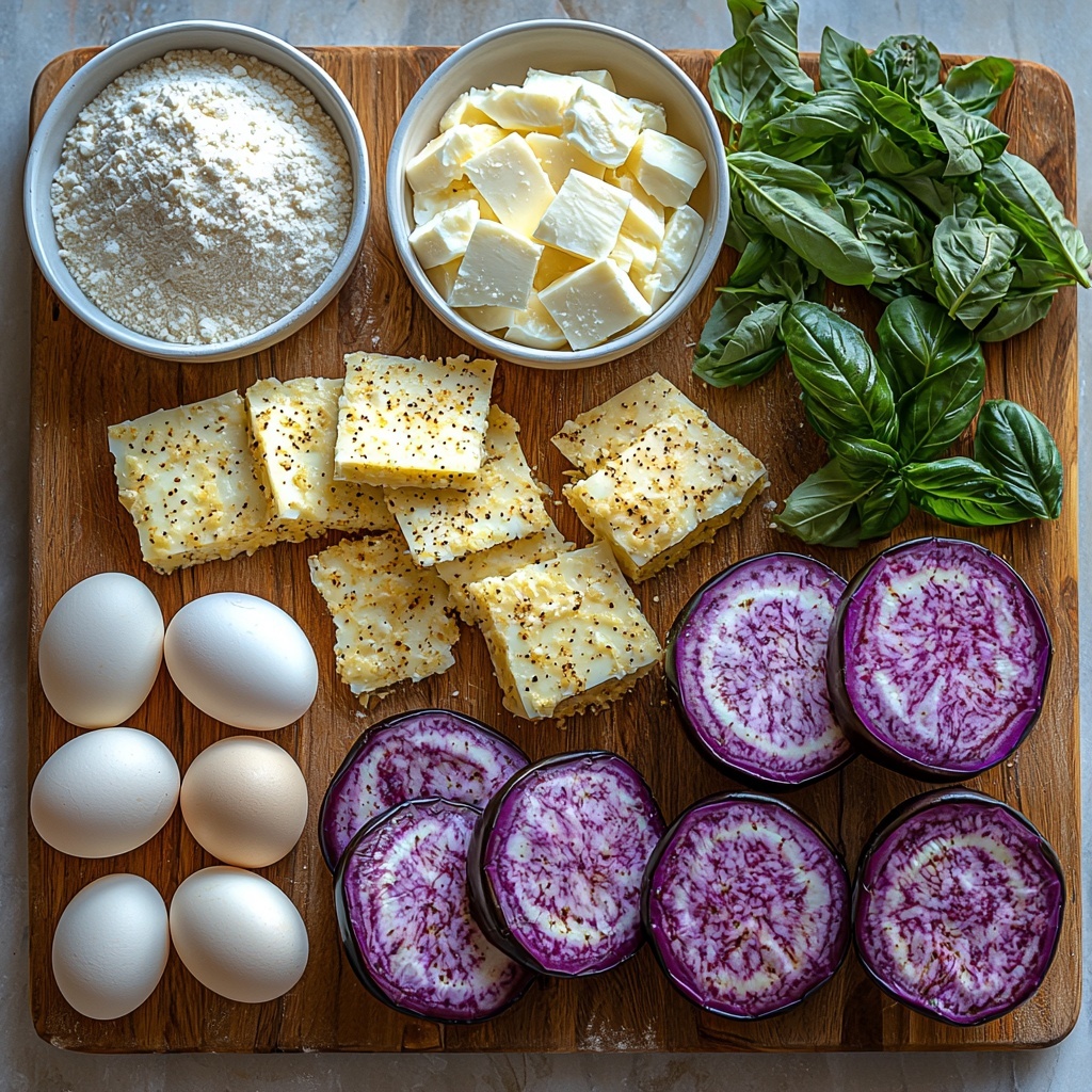 A clean, bright kitchen surface with all main ingredients for Air Fryer Eggplant Parmesan neatly arranged in an inviting flat lay composition: a large, glossy purple eggplant sliced into thick rounds on a rustic wooden cutting board; a small white bowl of fine all-purpose flour with soft powder texture; a clear glass bowl with lightly beaten golden yellow eggs; a medium bowl filled with golden, crispy seasoned bread crumbs mixed with finely grated pale yellow Parmesan cheese and specks of green Italian seasoning and light beige garlic powder; a small white ramekin of vibrant, glossy red marinara sauce; a heap of fluffy shredded mozzarella cheese, bright white with soft texture; fresh, thinly sliced basil leaves with deep green color scattered artfully nearby; and a few sprigs of fresh parsley for optional garnish adding fresh green contrast. The arrangement is balanced with natural soft light casting gentle shadows, emphasizing the contrasting textures and vivid colors, styled with minimal rustic props for an inviting, fresh, and approachable feel. Overhead shot, top down view, flat lay photography, professional food styling --ar 1:1 --q 2 --s 750 --v 6.1