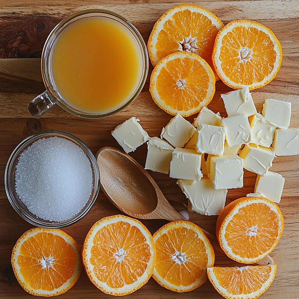 Fresh orange zest curls and bright orange wedges, a small bowl of freshly squeezed vibrant orange juice, a neat pile of golden cane sugar crystals, a glass measuring cup with creamy white non-dairy milk (soy or almond), a small mound of fine white cornstarch powder, a sprinkle of coarse sea salt crystals on a wooden spoon, cold vegan butter cut into smooth pale yellow cubes arranged on a rustic white ceramic dish; all ingredients artistically spread on a clean light wood surface with soft natural daylight enhancing the vivid citrus colors and contrasting textures, accented by subtle shadows and minimal props like a whisk and a fine-mesh sieve placed casually nearby for context, crisp and inviting composition emphasizing freshness and simplicity, overhead shot, top down view, flat lay photography, professional food styling --ar 1:1 --q 2 --s 750 --v 6.1