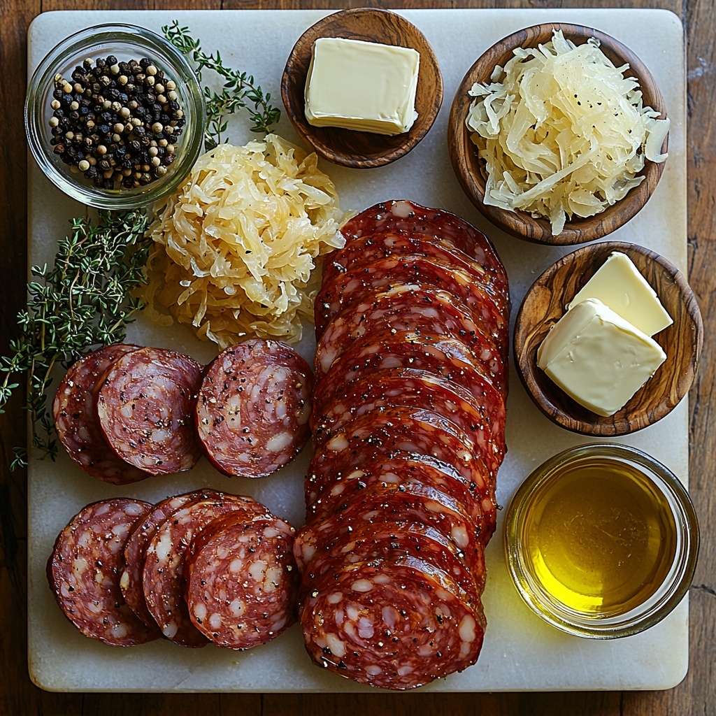 A clean white marble surface with a neat flat lay arrangement of ingredients for Kielbasa and Sauerkraut: a wooden cutting board holding thick diagonal slices of glossy, smoked kielbasa displaying rich reddish-brown tones; a small rustic bowl filled with tangy, shredded pale yellow sauerkraut with a slightly wet texture; a medium glass bowl of thinly sliced translucent white onion rings; a small ramekin of golden olive oil reflecting light; a pat of creamy unsalted butter on a simple white dish; a vintage measuring cup with clear, pale chicken broth; a small heap of dried oregano leaves with muted green hues scattered gently on the surface; and a tiny pile of coarse black pepper adding contrast. The ingredients are spaced evenly with natural soft daylight casting gentle shadows, styled with wooden spoons and a linen napkin to bring warmth and texture. Overhead shot, top down view, flat lay photography, professional food styling --ar 1:1 --q 2 --s 750 --v 6.1