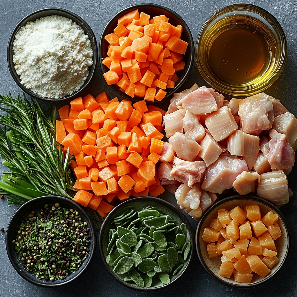 turkey neck and giblets with rich, textured skin and meaty tones, coarsely chopped bright orange carrots, fresh celery ribs in pale green with crisp edges, quartered onion showing layered white and purple hues, whole garlic cloves with papery skin, fresh rosemary sprigs with deep green needle-like leaves, fresh thyme sprigs with tiny green leaves, fresh sage leaves in soft velvety green, a small bowl of golden turkey fat, rustic heap of pale beige all-purpose flour, small glass container of rich turkey drippings juice, clear bowl of homemade turkey stock with warm amber tones, sprinkle of coarse salt and black peppercorns scattered lightly, all ingredients neatly arranged on a clean white marble surface with natural soft lighting that highlights textures and fresh colors, gentle shadows creating depth, styled for an inviting and warm kitchen atmosphere, overhead shot, top down view, flat lay photography, professional food styling --ar 1:1 --q 2 --s 750 --v 6.1