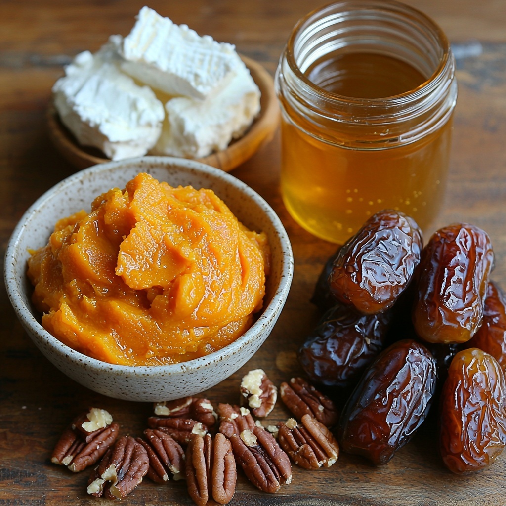 A clean, light wooden surface laid out with all the main ingredients for Pumpkin Goat Cheese Dates: a small bowl of rich orange canned pumpkin puree with smooth texture, a rustic ceramic dish of creamy white goat cheese, a cluster of 12 large, glossy Medjool dates sliced lengthwise showing their soft, dark brown flesh, a small pile of golden toasted chopped pecans with crunchy texture, and a glass jar of amber honey catching the light. The ingredients are thoughtfully spaced in a balanced composition with natural light casting soft shadows, highlighting the contrasting colors and textures—glossy, creamy, smooth, and crunchy. A sheet of crumpled parchment paper peeks in the corner hinting at baking, styled with casual elegance for an inviting, warm autumnal vibe. Overhead shot, top down view, flat lay photography, professional food styling --ar 1:1 --q 2 --s 750 --v 6.1