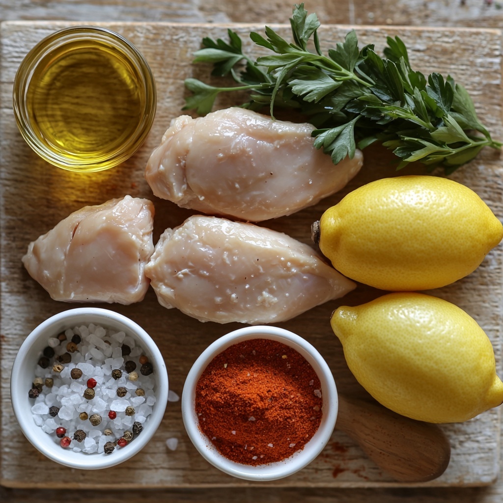 A clean, light wooden surface arranged with the main ingredients for Melt-In-Your-Mouth Chicken Breast recipe: four raw, boneless, skinless chicken breasts showing their smooth, pale pink texture; a small clear glass bowl filled with glossy golden olive oil; a small white ramekin holding freshly squeezed bright yellow lemon juice; two peeled garlic cloves alongside a small pile of finely minced garlic showing slight translucency; a white ceramic dish with dried thyme leaves displaying soft, muted green hues; a small heap of vibrant red paprika powder on a rustic spoon; small piles of coarse salt and freshly ground black pepper grains scattered neatly; a bunch of fresh parsley sprigs showing rich, deep green leaves placed for garnish; all ingredients spaced evenly but harmoniously, with natural light casting soft shadows that emphasize the diverse textures from smooth flesh to fine powders and leafy herbs, styled with minimalist props such as a linen napkin and wooden cutting board edges peeking in, emphasizing freshness and simplicity—overhead shot, top down view, flat lay photography, professional food styling --ar 1:1 --q 2 --s 750 --v 6.1
