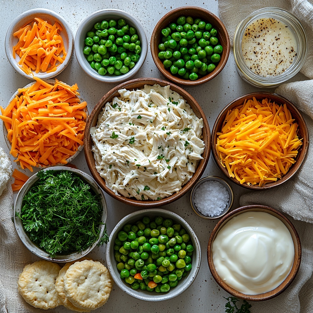 a clean white surface with all the main ingredients for chicken pot pie casserole neatly arranged: a small rustic bowl of shredded cooked chicken breast with tender, flaky texture; a vintage metal can of cream of chicken with herbs soup displaying the label; a smooth ceramic bowl of thick sour cream, bright white and creamy; a small clear glass measuring cup with light creamy milk; a wooden bowl filled with freshly shredded sharp cheddar cheese, vibrant orange and finely textured; a glass bowl of colorful frozen mixed vegetables including peas, carrots, and corn with frosty detail; small white ramekins holding dried green parsley flakes and light beige dried minced onion; coarse salt and cracked black peppercorns scattered artfully in tiny dishes; two unopened cans of refrigerated biscuits with shiny foil wrapping, metallic and reflective; all ingredients spaced evenly with soft natural light casting gentle shadows, bright and airy mood, textured linen napkin folded beside the scene, minimal rustic props, subtle pops of green and orange color contrast, overhead shot, top down view, flat lay photography, professional food styling --ar 1:1 --q 2 --s 750 --v 6.1