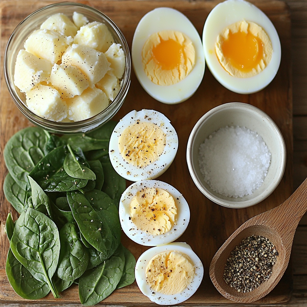 half cup fine semolina in a small clear glass bowl, two cups water or vegetable broth in a transparent measuring cup, one and a half tablespoons golden ghee in a small white ceramic dish, one cup fresh chopped bright green spinach loosely piled, two soft-boiled eggs halved revealing glossy yolks and firm whites, one garlic clove peeled with fine minced garlic on a rustic wooden spoon next to it, half teaspoon coarse salt in a tiny white bowl, quarter teaspoon whole black peppercorns scattered neatly beside a small wooden scoop, all ingredients arranged separately on a pristine light wood surface with soft natural light creating gentle shadows, focus on vibrant colors and contrasting textures—the smooth semolina, fresh leafy spinach, glossy eggs, and shiny golden ghee, minimal props, emphasizing freshness and simplicity, overhead shot, top down view, flat lay photography, professional food styling --ar 1:1 --q 2 --s 750 --v 6.1