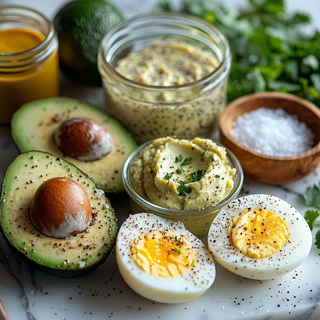 6 large hard boiled eggs, one egg cracked open showing smooth white and bright yellow yolk, one ripe avocado halved with vibrant green flesh and a rough brown pit, a small glass bowl with creamy mashed avocado mixture flecked with bits of mustard seeds, a fresh lime cut in half exposing juicy segments, a small jar of golden Dijon mustard, coarse salt crystals and freshly ground black peppercorns scattered tastefully, a small wooden bowl filled with bright green chopped cilantro leaves, all ingredients carefully arranged on a clean white marble surface creating contrast between smooth, creamy, and textured elements, natural soft daylight highlighting the fresh colors and subtle shadows for depth, minimalist and elegant composition with ingredients spaced evenly and some utensils like a small wooden spoon and vintage knife placed casually for a cozy, inviting vibe, overhead shot, top down view, flat lay photography, professional food styling --ar 1:1 --q 2 --s 750 --v 6.1