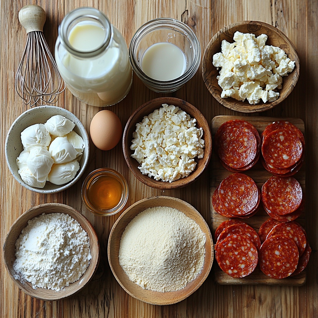 Waffle batter ingredients arranged neatly on a clean white surface: a small glass bowl of creamy whole milk, a small bottle of vanilla extract, a small pile of fine granulated sugar, a pinch of salt in a tiny ceramic dish, a heap of soft all-purpose flour, a fresh whole egg in its shell, a small bowl of golden vegetable oil, and a dish of light beige baking powder. Next to them, pizza stuffing ingredients are displayed: a small bowl of bright red, slightly chunky pizza sauce, a small mound of shredded white mozzarella cheese with a soft, stringy texture, and a neat stack of round, glossy, deep reddish-brown sliced pepperoni. The items are artistically spaced with natural daylight streaming in from the side, casting soft shadows and highlighting the varied textures and vibrant colors. The background is a minimalist, lightly textured light wood surface enhancing contrast, with subtle props like a vintage whisk and wooden spoon placed casually nearby to add warmth and context. The composition is clean, inviting, and balanced, emphasizing freshness and rustic comfort. Overhead shot, top down view, flat lay photography, professional food styling --ar 1:1 --q 2 --s 750 --v 6.1