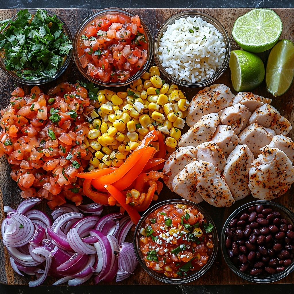 Chicken breast or thighs raw and marinated with visible spices and oil in a small glass bowl, vibrant fresh lime halves and wedges beside them, colorful sliced red, yellow, and orange bell peppers fanned out neatly, thinly sliced red onion rings arranged in a small pile, a rustic bowl of cooked fluffy white rice with a slight sheen, a small bowl of creamy guacamole or sliced avocado fanned elegantly, a bowl of black beans alongside another bowl with charred corn kernels showing texture, crumbled white Cotija cheese scattered gently on a wooden board, a small bowl of bright red salsa with visible herbs and seeds, fresh cilantro sprigs laid artistically nearby, all ingredients displayed on a clean white marble surface to enhance colors and textures, natural soft light casting gentle shadows, subtle props like a wooden spoon and linen napkin placed thoughtfully for warmth and style, vibrant colors contrasted with neutral tones for a fresh, appetizing look, overhead shot, top down view, flat lay photography, professional food styling --ar 1:1 --q 2 --s 750 --v 6.1