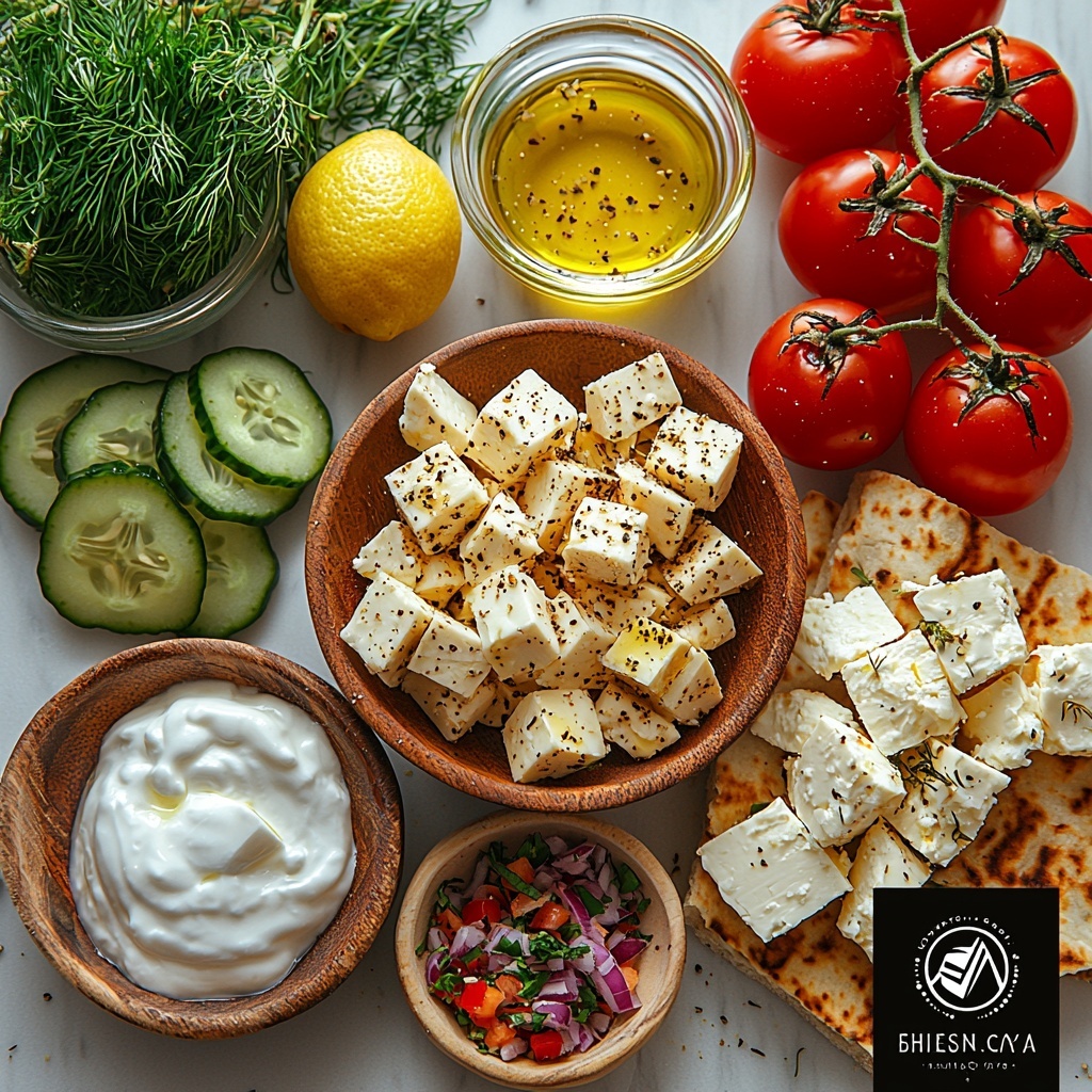 Chicken breast pieces, Greek yogurt in a small rustic bowl, fresh lemon halves and a small glass bowl of bright yellow lemon juice, a small dish of golden extra virgin olive oil, a tiny white bowl with deep red wine vinegar, coarse salt and cracked black pepper scattered lightly on the surface, dried oregano sprigs, fresh diced dill in a wooden spoon, finely diced garlic cloves, grated cucumber in a glass bowl with visible moisture, diced red tomatoes with vibrant red tones, peeled and diced cucumber pieces showing fresh green and white hues, thin slices of purple-red onion, chopped fresh Italian parsley bright green on a small white plate, crumbled feta cheese chunks with creamy white texture on parchment paper, stacked Greek pita breads with soft, slightly charred edges, all arranged neatly on a clean white marble surface with natural soft lighting enhancing the vibrant colors and fresh textures, styled with minimal rustic props like wooden spoons and linen napkins for an inviting Mediterranean feel, overhead shot, top down view, flat lay photography, professional food styling --ar 1:1 --q 2 --s 750 --v 6.1