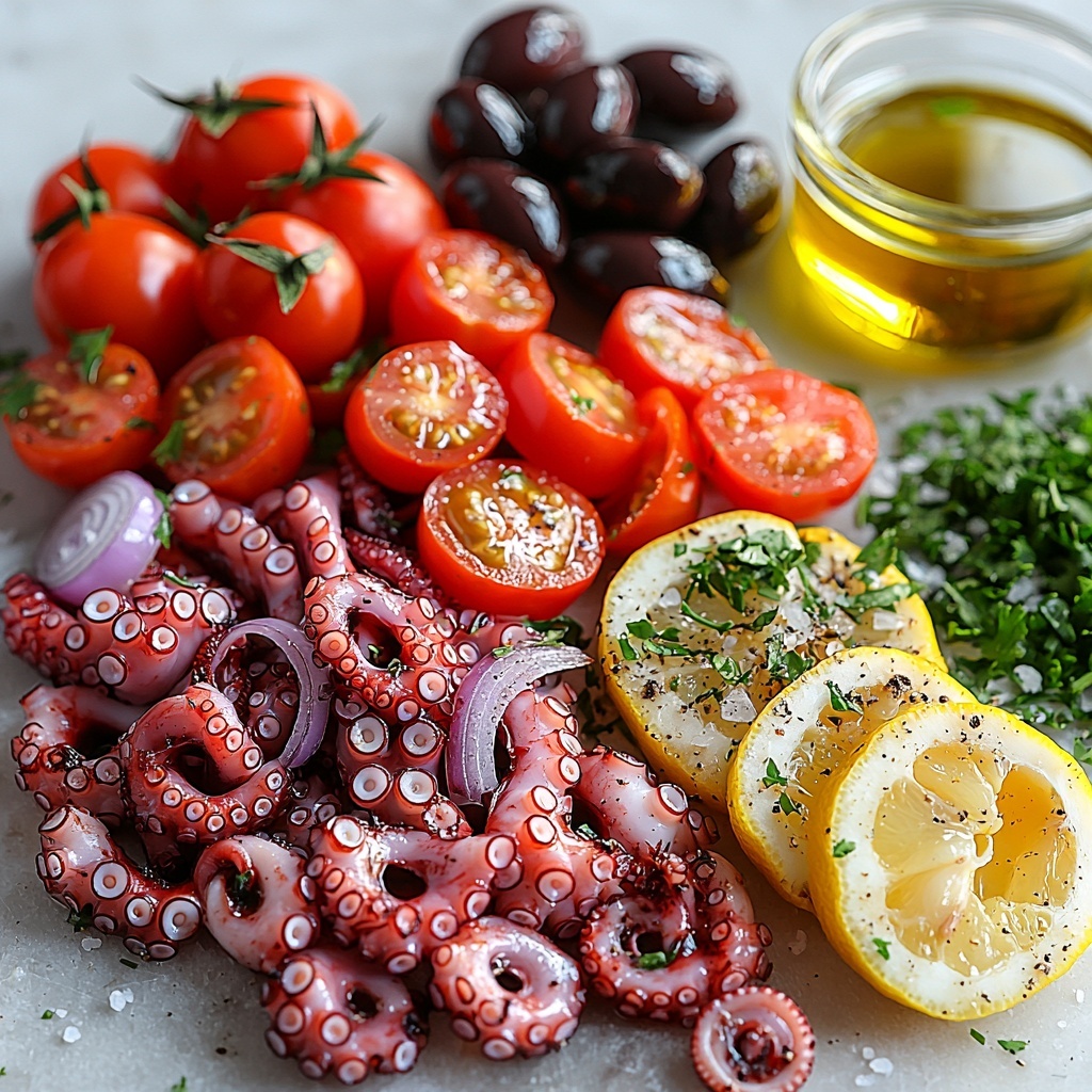 A clean, bright white surface neatly arranged with fresh ingredients for octopus salad: tender, whole cleaned octopus with its textured, purplish skin coiled naturally; vibrant red cherry tomatoes halved to show juicy, glossy interiors; shiny black olives sliced to reveal smooth, rich flesh; thinly sliced translucent red onion rings with delicate layers; a small pile of finely chopped bright green parsley leaves; a halved lemon showing its juicy, yellow segmented flesh; a small glass bowl of golden extra virgin olive oil gleaming under soft light; scattered coarse salt crystals and freshly cracked black peppercorns nearby. The composition is balanced, colors vivid and contrasting, textures—smooth, glossy, rough—clearly visible, styled with natural light creating gentle shadows and highlights to emphasize freshness and detail. Overhead shot, top down view, flat lay photography, professional food styling --ar 1:1 --q 2 --s 750 --v 6.1