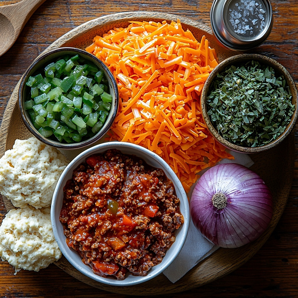 A clean light wooden surface with an overhead flat lay arrangement of fresh cooking ingredients for Sloppy Joe Casserole: one pound of raw lean ground beef displayed loosely on a small white ceramic plate showing its rich red texture; a medium onion finely chopped in a small glass bowl revealing its translucent white and purple hues; a vibrant diced green bell pepper in a matching glass bowl highlighting its crisp, glossy texture; a can of refrigerated biscuit dough opened with several raw biscuit pieces arranged neatly on a white napkin, showcasing their pale, soft, doughy surface; a cup of thick, deep red homemade-style Sloppy Joe sauce in a small rustic bowl, textured with visible tomato and spices; and a generous pile of shredded bright orange cheddar cheese on a small vintage plate, emphasizing its fine, curly texture. The items are spaced evenly with small vintage kitchen tools like a wooden spoon and a silver measuring cup gently placed nearby. The overall scene is styled with natural soft daylight, minimal shadows, and gentle highlights to emphasize the vivid colors and fresh textures, creating an inviting and wholesome cooking atmosphere. Overhead shot, top down view, flat lay photography, professional food styling --ar 1:1 --q 2 --s 750 --v 6.1
