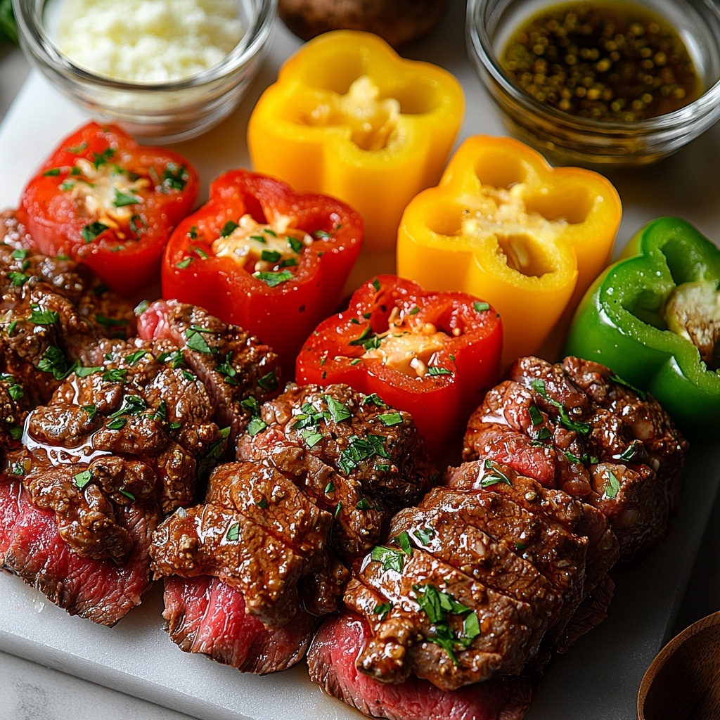 Sirloin steak and ribeye thinly sliced raw beef arranged in neat piles, colorful thinly sliced red, green, and yellow bell peppers fanned out beside them, fresh white onion slices layered in a small stack, sliced brown mushrooms with visible gills spread nearby, minced garlic in a small rustic bowl, small glass bowl of dark Worcestershire sauce, clear measuring cup with rich brown beef broth, four slices of creamy white provolone or mozzarella cheese stacked slightly overlapping, small glass container of golden olive oil, a wooden spoon with dried Italian seasoning sprinkled lightly, coarse salt and black peppercorns scattered artistically on the clean white surface. The ingredients are spaced evenly with natural light casting soft shadows, highlighting vibrant colors and fresh textures. The composition is clean and modern, with minimal props emphasizing the raw, fresh ingredients. Overhead shot, top down view, flat lay photography, professional food styling --ar 1:1 --q 2 --s 750 --v 6.1