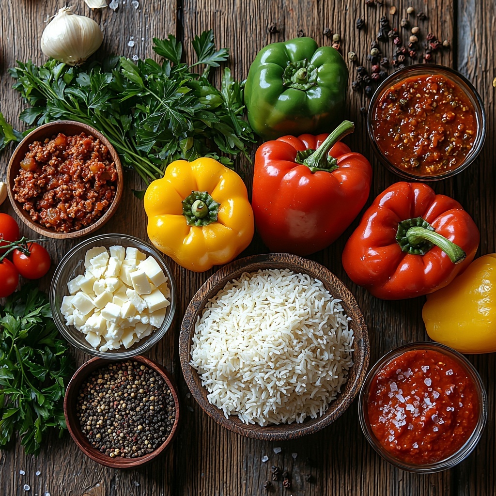 A clean, light wooden surface displaying fresh and colorful ingredients for beef stuffed bell peppers arranged neatly in a balanced flat lay composition. Six vibrant bell peppers in red, yellow, and green with tops removed and seeds cleaned sit in a cluster. Nearby, a small bowl of raw ground beef showing rich, deep red color and marbled texture. A bowl of cooked white rice with fluffy, separated grains. A finely diced medium onion with slightly translucent pieces next to two peeled garlic cloves, minced finely. A small bowl filled with bright red drained diced tomatoes, and a separate bowl of smooth, rich tomato sauce in deep crimson hues. A heap of shredded mozzarella cheese, soft and creamy white, placed on a rustic ceramic plate. Small glass dishes containing earthy Italian seasoning and golden-brown cumin powder. Pinches of coarse salt and cracked black peppercorns scattered artistically on the surface. Fresh bright green parsley sprigs with delicate leaves for garnish add a pop of color. Soft natural lighting enhances textures and colors, subtle shadows for depth, minimal props, and a clean, inviting aesthetic. overhead shot, top down view, flat lay photography, professional food styling --ar 1:1 --q 2 --s 750 --v 6.1