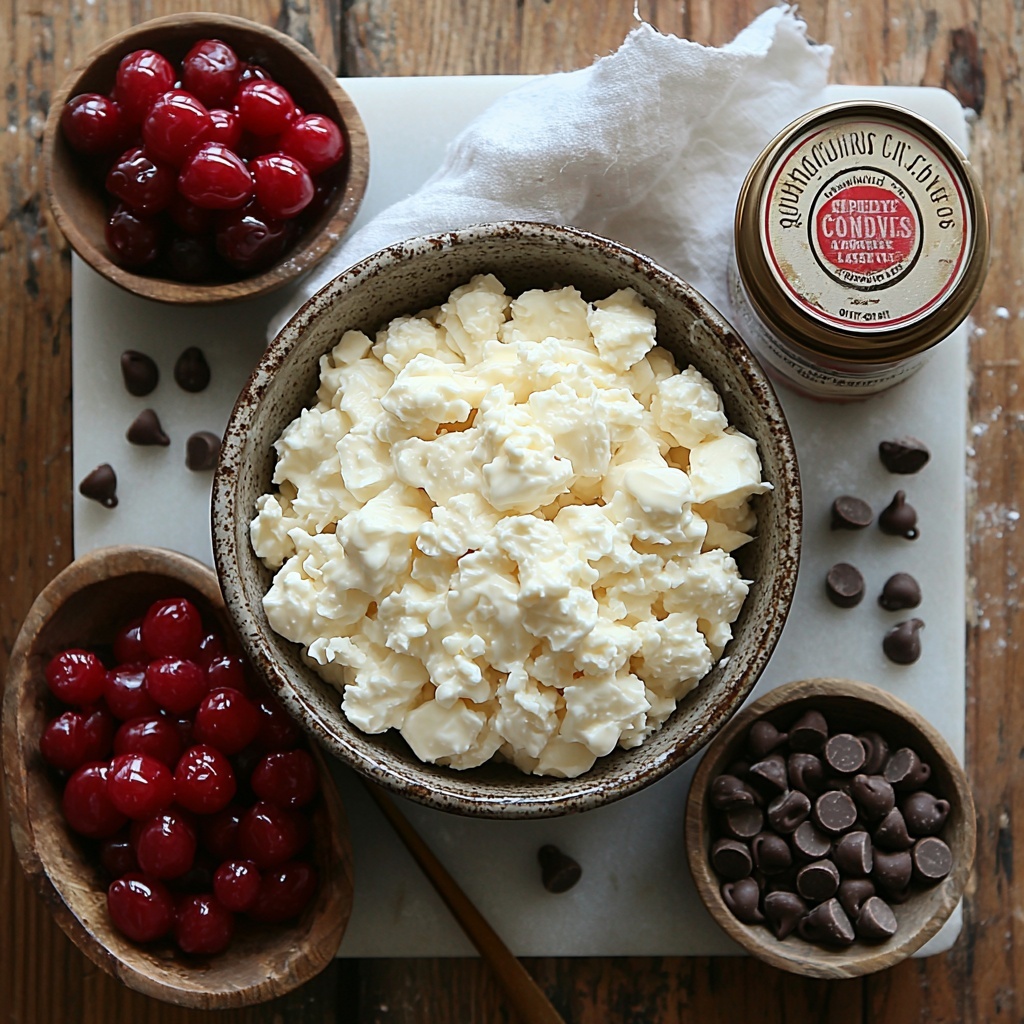 white chocolate chips in a small ceramic bowl, glossy and smooth, creamy off-white color; a can of sweetened condensed milk with a vintage label, opened with a small drizzle visible; a pat of rich, golden butter on a white marble slab; a small glass jar of vanilla extract with amber liquid catching the light; a rustic wooden bowl filled with bright red, chopped maraschino cherries, glistening and slightly wet but patted dry; two piles of semi-sweet chocolate chips, dark brown and glossy, slightly scattered but neat; all ingredients arranged neatly on a clean, light wood surface with soft natural lighting creating gentle shadows, subtle props like a small silver spoon and a folded white linen napkin for contrast and texture, styled for clarity and vibrant colors, emphasizing freshness and richness, shot from above with balanced composition and airy feel—overhead shot, top down view, flat lay photography, professional food styling --ar 1:1 --q 2 --s 750 --v 6.1