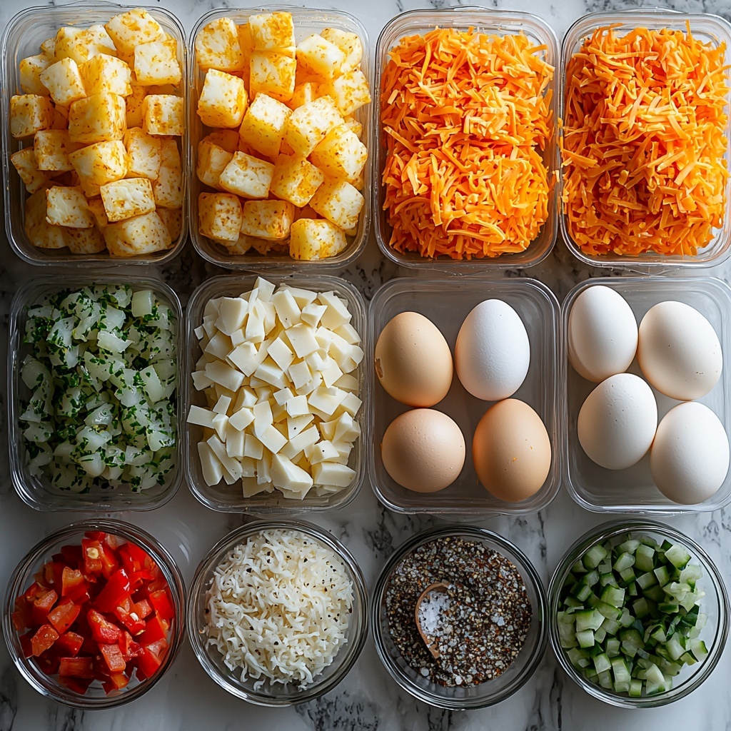 frozen hash browns in a clear plastic bag with frosty texture, large brown eggs with smooth shells, bright orange shredded cheddar cheese piled loosely, white ceramic bowl with creamy milk, small glass bowl with finely diced white onion, another small bowl with vibrant diced red and green bell peppers, white salt and black pepper grains scattered subtly, a small heap of pale garlic powder on a rustic wooden spoon, all ingredients neatly arranged on a clean white marble surface, natural soft lighting highlighting colors and textures, slight shadows for depth, balanced spacing with harmonious composition, contrasting textures of smooth eggs, fluffy cheese, crisp diced vegetables, and frosty frozen potatoes, minimalistic and fresh aesthetic, overhead shot, top down view, flat lay photography, professional food styling --ar 1:1 --q 2 --s 750 --v 6.1