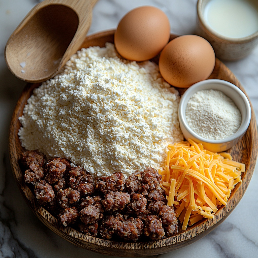breakfast sausage browned and crumbled on a small rustic ceramic plate, 2 cups all-purpose flour in a neat mound with a wooden scoop, 1 tablespoon baking powder and 1/2 teaspoon salt in small white porcelain dishes, 1 cup milk in a clear glass measuring cup reflecting soft light, 2 large brown eggs side by side with smooth shells, 1 cup shredded cheddar cheese in a small bowl showing vibrant orange color, all ingredients evenly spaced and arranged on a clean white marble surface with natural soft daylight, subtle shadows highlighting textures of sausage, flour, cheese, and eggs, minimalistic styling with a warm, inviting atmosphere, slight rustic kitchen vibe, overhead shot, top down view, flat lay photography, professional food styling --ar 1:1 --q 2 --s 750 --v 6.1