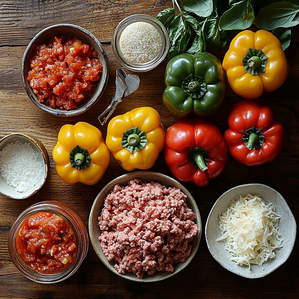 A clean, light wooden surface neatly arranged with the main ingredients for ground turkey stuffed peppers: raw ground turkey in a small rustic bowl showing its coarse, pink texture; a small glass jar of rich, deep red tomato paste with a vintage spoon resting beside it; a clear measuring cup with translucent water; a small ceramic bowl holding pale beige poultry seasoning powder; a tiny dish with fine, off-white garlic powder; four vibrant bell pepper halves in red, yellow, green, and orange hues clearly hollowed out, showcasing their glossy, smooth interiors; and a small white plate piled with freshly shredded, creamy-white mozzarella cheese with soft, stringy texture. The ingredients are spaced evenly with natural lighting highlighting their fresh colors and textures, subtle shadows adding depth. Minimalistic props and soft linen napkin in neutral tones frame the composition. overhead shot, top down view, flat lay photography, professional food styling --ar 1:1 --q 2 --s 750 --v 6.1