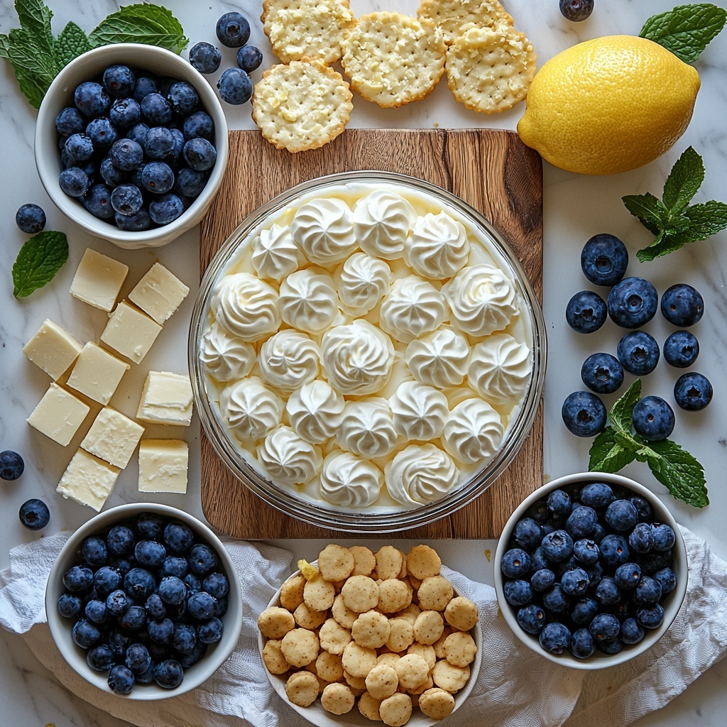 A clean white marble surface with neatly arranged ingredients for a lemon blueberry cheesecake trifle: a small glass bowl of smooth, pale yellow lemon pudding; a shiny opened can spilling deep blue glossy blueberry pie filling onto a white ceramic dish; an 8 oz block of creamy, softened cream cheese on a rustic wooden board partially sliced; a small white bowl filled with fine, pure white powdered sugar; a large bowl of fluffy, white whipped topping with soft peaks; scattered golden vanilla cake cubes and light tan cookie crumbles (Nilla Wafers) artfully piled on a textured linen napkin; a petite bowl of fresh, plump blueberries with rich dark blue and purple hues; a small white ramekin holding bright yellow lemon zest strands; soft natural light casting gentle shadows; subtle sprigs of fresh mint for color contrast; arranged with balanced spacing and harmonious color contrast emphasizing creamy, crumbly, and juicy textures, all elements styled to convey freshness and inviting homemade dessert preparation overhead shot, top down view, flat lay photography, professional food styling --ar 1:1 --q 2 --s 750 --v 6.1