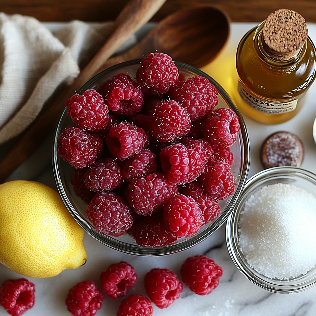 2 cups fresh raspberries with deep red vibrant color, a small glass bowl of white granulated sugar, a clear glass bowl containing freshly squeezed lemon juice with bright yellow hue, a small white bowl with smooth white cornstarch powder, a tiny glass bowl of cold water with subtle reflections, a small bottle or vial of vanilla extract with amber liquid, and a small pinch of coarse salt displayed as a small heap on a clean white marble surface. The ingredients are neatly spaced in a balanced circular arrangement with natural soft daylight casting gentle shadows, highlighting the contrasting textures of juicy raspberries, fine powder, and clear liquids. Minimalist styling with a rustic wooden spoon and a linen napkin placed casually at the edges to add warmth and depth. Overhead shot, top down view, flat lay photography, professional food styling --ar 1:1 --q 2 --s 750 --v 6.1