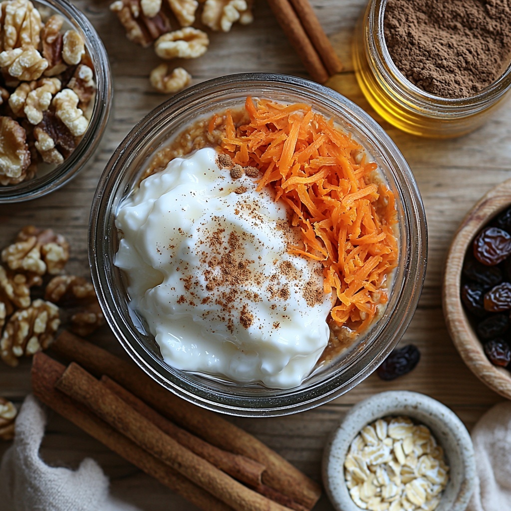 Rolled oats in a small rustic white bowl, a glass jar of creamy milk (dairy or plant-based) with condensation, a dollop of thick plain Greek yogurt on a wooden spoon, a neat pile of finely shredded bright orange carrot, a small dish of rich amber maple syrup with a honey dipper, chopped walnuts scattered with some whole pieces showing texture, a heap of glossy dark raisins, small glass bowls with ground cinnamon and ground nutmeg powders, a tiny bottle of vanilla extract with a cork stopper, and a pinch of salt in a miniature white ceramic spoon. All ingredients carefully arranged on a clean, light wooden surface with natural morning light creating soft shadows, warm and inviting color palette emphasizing the freshness and earthiness, subtle linen napkin and a couple of cinnamon sticks placed artistically nearby. Overhead shot, top down view, flat lay photography, professional food styling --ar 1:1 --q 2 --s 750 --v 6.1