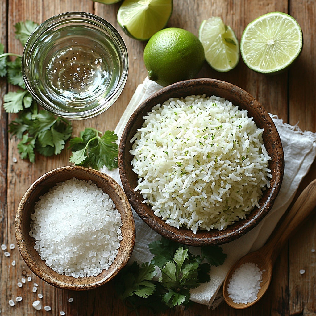 white long grain rice in a small clear glass bowl, a cup of water in a simple glass measuring cup, coarse kosher salt in a small rustic ceramic dish, one medium fresh lime halved with visible bright green zest and juice droplets, a small pile of finely chopped vibrant green cilantro leaves on a white linen napkin, all neatly arranged on a clean light wood surface with soft natural lighting casting gentle shadows, textures of grains, glossy citrus, and fresh herbs emphasized, minimalistic and fresh styling with a few lime wedges and a wooden spoon placed casually nearby, overhead shot, top down view, flat lay photography, professional food styling --ar 1:1 --q 2 --s 750 --v 6.1