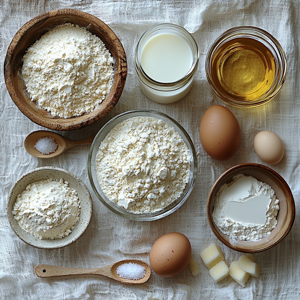 A flat lay of sourdough discard pancake ingredients arranged neatly on a bright, clean white surface. A small glass bowl filled with creamy white sourdough discard, next to a rustic ceramic bowl holding off-white all-purpose flour with a small wooden spoon resting lightly on top. Nearby, a tiny clear glass dish with fine white granulated sugar, a small mound of pale beige baking powder on a white porcelain spoon, and a pinch of salt crystals scattered artistically. A medium glass jug of cold, slightly opaque milk casts soft reflections, while a pristine large brown egg rests on a matte white plate. A small glass bowl with golden yellow vegetable oil shines under soft natural light. The ingredients are spaced evenly with a balance of textures—from powdery flour to glossy liquid oil—complemented by soft shadows and subtle highlights to enhance depth. Minimalist styling with clean lines, gentle color contrasts of whites, beiges, and warm yellows, no clutter, emphasizing freshness and simplicity. overhead shot, top down view, flat lay photography, professional food styling --ar 1:1 --q 2 --s 750 --v 6.1