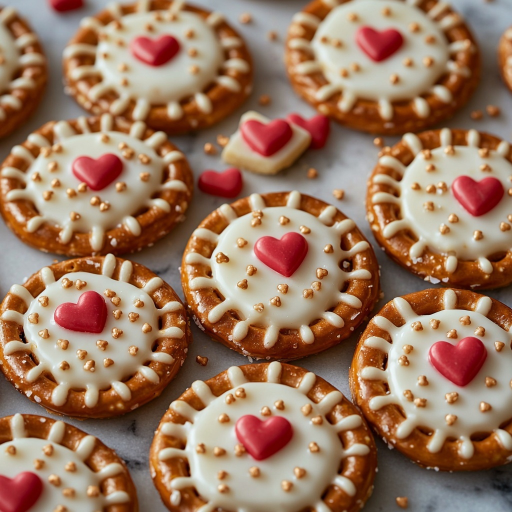 Square Snap pretzels, white candy wafers, red candy hearts neatly arranged on a clean white marble surface, pretzels forming a casual grid pattern showing their golden-brown, crunchy texture, white candy wafers evenly spaced on top highlighting their smooth, glossy finish, vibrant red candy hearts scattered artfully around and inside some wafers adding pops of bright color and romantic detail, soft natural lighting enhancing subtle shadows and the sheen on candy wafers, minimal props, a few small white parchment paper squares partially visible for texture contrast, overall bright, airy, and inviting composition, emphasizing texture and color contrast, overhead shot, top down view, flat lay photography, professional food styling --ar 1:1 --q 2 --s 750 --v 6.1